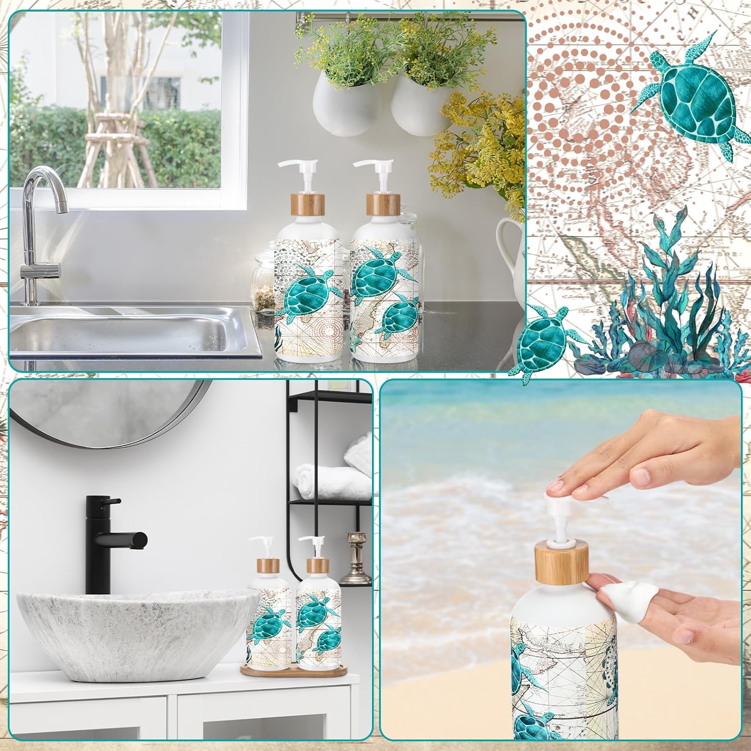 Potchen 2 Pack Sea Turtle Glass Soap Dispenser Set Bathroom Decor Gift for Sea Turtle Lover 16 oz Tropical Soap Hand Dish with Pump Wood Tray Blue Home Decoration for Housewarming