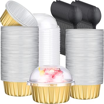 200 Sets 5 oz Cupcake Liners with Dome Lids and Spoons, Mini Aluminum Cake Pans Foil Baking Cups Loaf Pans, Disposable Ramekins for Graduation Wedding Birthday PartyGold