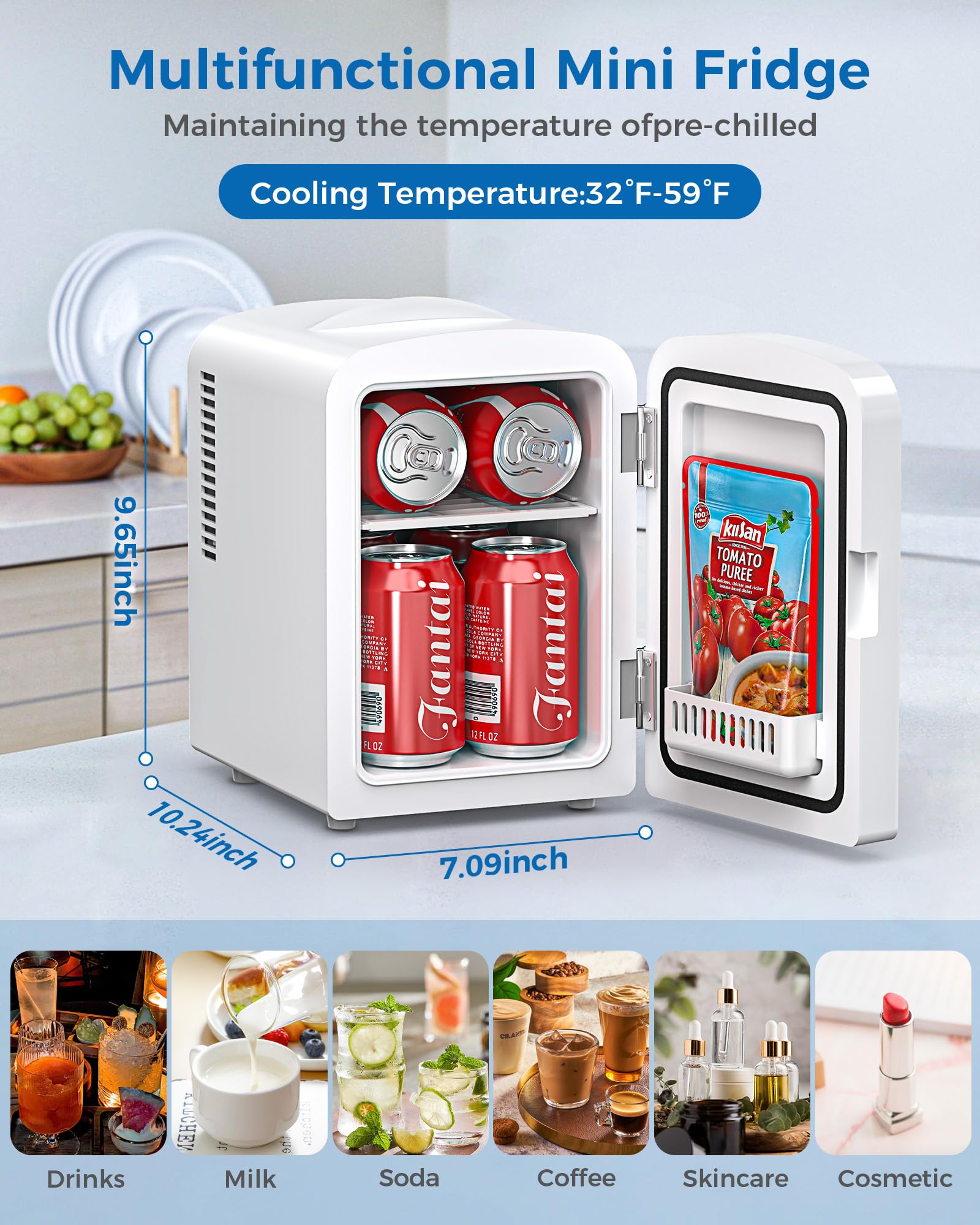 Mini frigorifero portatile compatto da 4 l/6 lattine, piccolo frigorifero per la cura della pelle, cibo e bevande, piccolo frigorifero per camera da letto, dormitorio, auto, ufficio, bianco