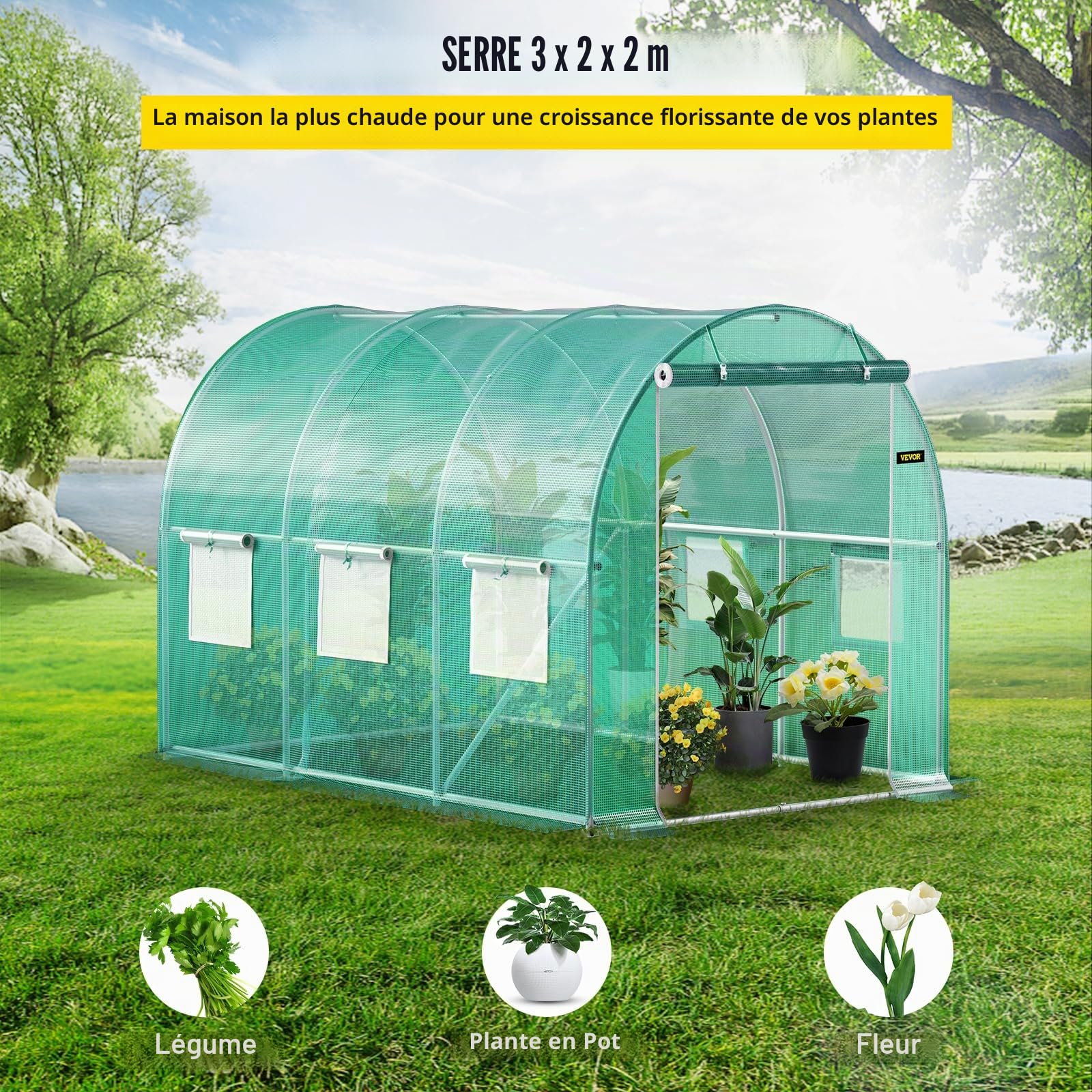 VEVOR Serre Tunnel Jardin 3x2,1x2,1 m Tente Abri Plantes Cadre en Acier Galvanisé Couverture Étanche en PE 1 Poutre Supérieure 2 Poteaux Diagonaux 1 Porte 6 Fenêtres pour Cultiver Légumes Fleurs Vert