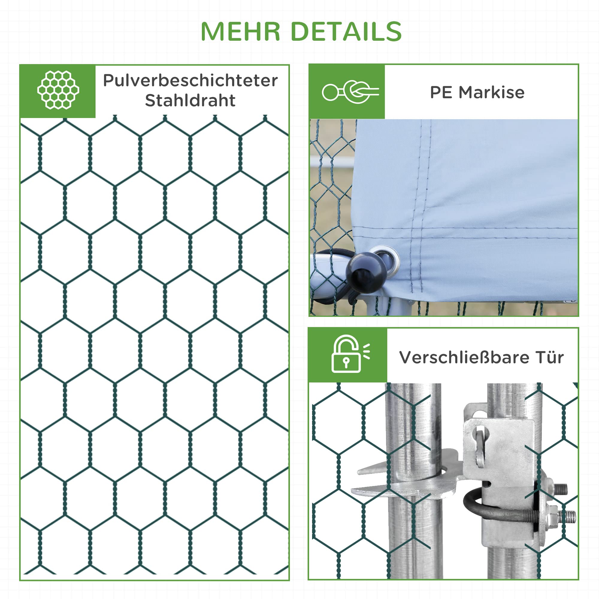 PawHut Hühnerstall 3x4x2 m Freilaufgehege mit Dach für 8-12 Hühner Silber | Hühnergehege, Hühnerlaufstall Freigehege für Kleintiere, Tür mit Schloss, Hühnerkäfig aus Verzinkter Stahl