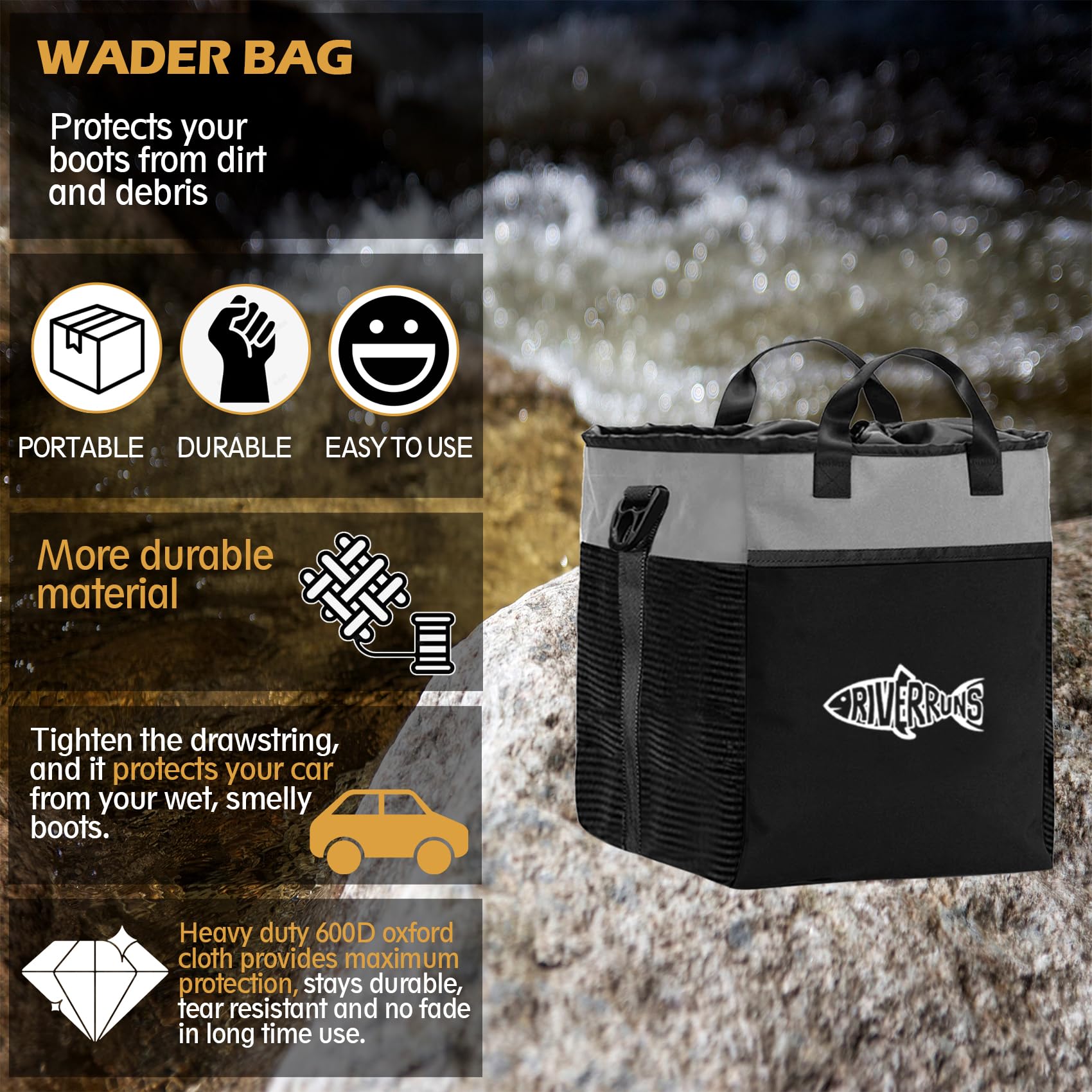 Riverruns Wathose für Angeln, Jagd, mit belüftetem Netz, Watstiefel Tasche, Fliegenfischen Aufbewahrungstasche für Angeln, Wandern, Camping