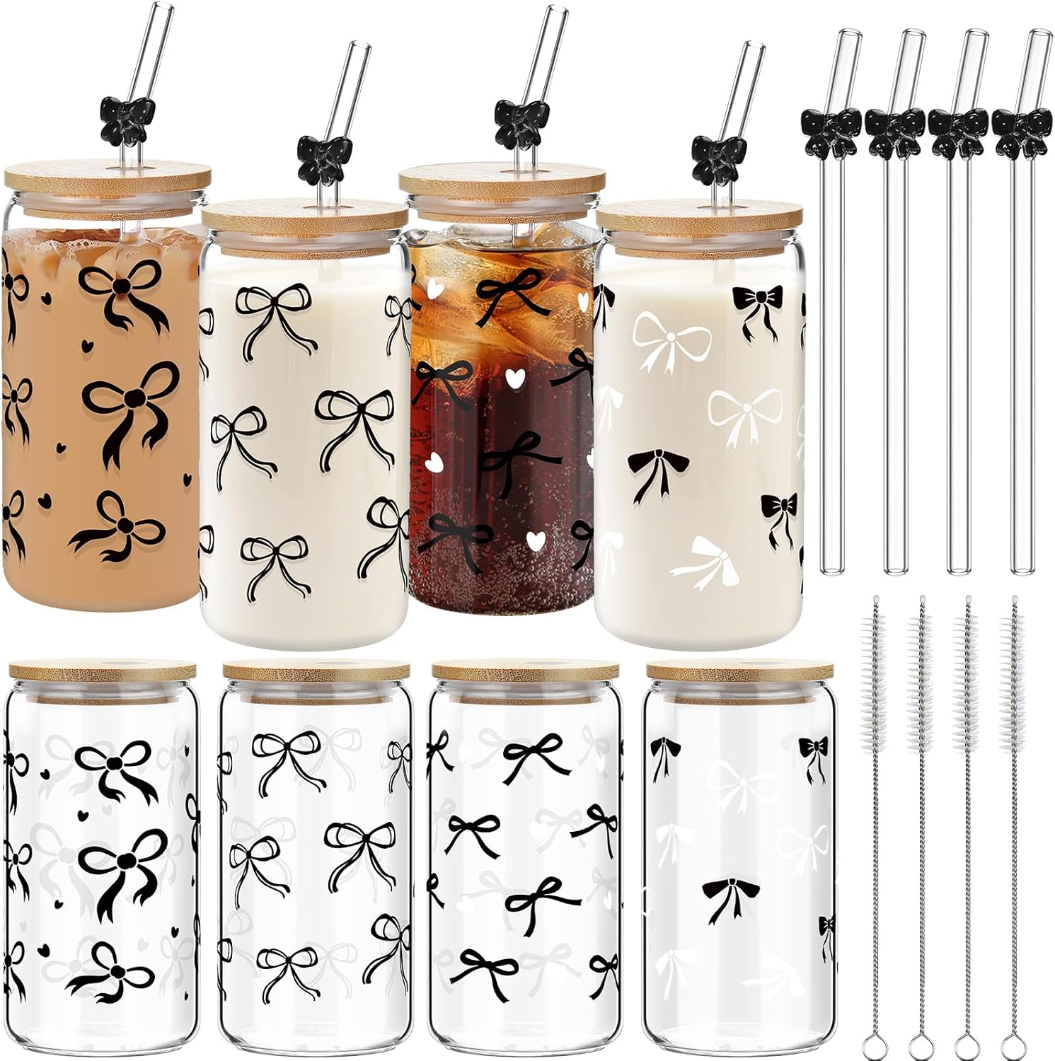 4 Set 16 oz Coquette Bows Glass Cups with Lids and Bows Straws Cleaning Brushes Aesthetic Iced Coffee Cup Reusable Mug for Women Sister Birthday Gift Not Dishwasher Safe(Black,Bow)