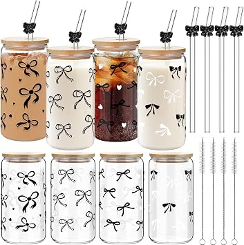 4 Set 16 oz Coquette Bows Glass Cups with Lids and Bows Straws Cleaning Brushes Aesthetic Iced Coffee Cup Reusable Mug for Women Sister Birthday Gift Not Dishwasher SafeBlack,Bow