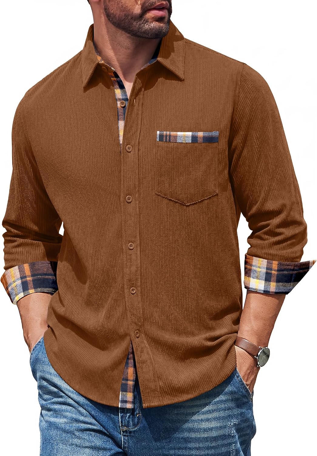 COOFANDY Mens Button Down Shirt Corduroy Long Sleeve Casual Untucked Shirt Jacket with Pocket