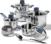 T-fal Conjunto de panelas de aço inoxidável Essentials, 12 peças, compatível com indução, seguro para forno, 350F, conjunto de cozinha com panelas, panela, tampas e ferramentas, marcas de medição