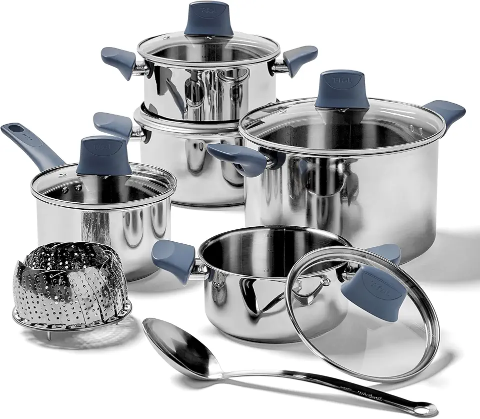 T-fal Conjunto de panelas de aço inoxidável Essentials, 12 peças, compatível com indução, seguro para forno, 350F, conjunto de cozinha com panelas, panela, tampas e ferramentas, marcas de medição