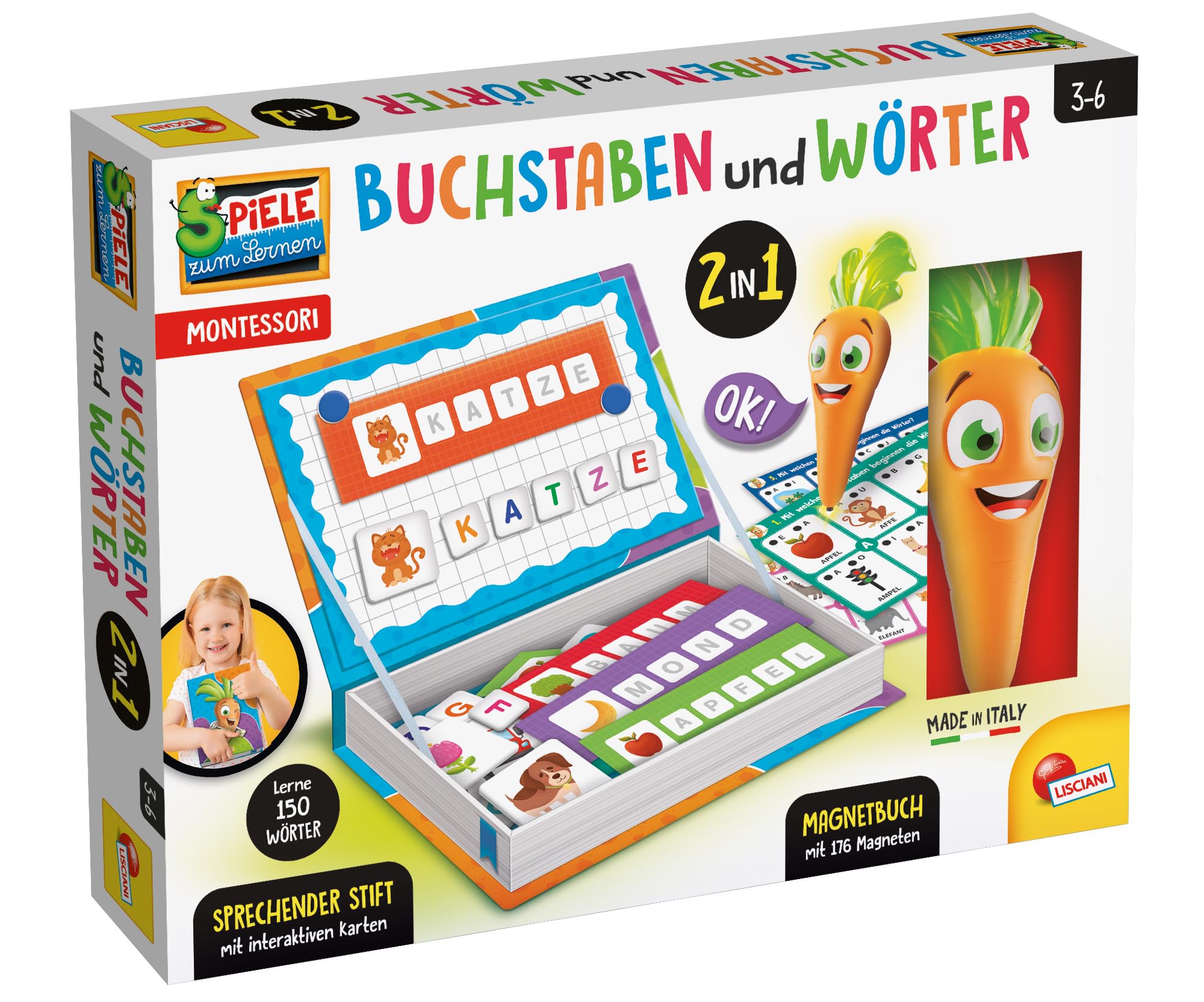 Lisciani Montessori Letters and Words 2-in-1 Educational Game - Magnetic Letters & Shapes, Flashcards, Talking Pen - Preschool Toy from 3 Years - Parent & Teacher Test - ABC Games