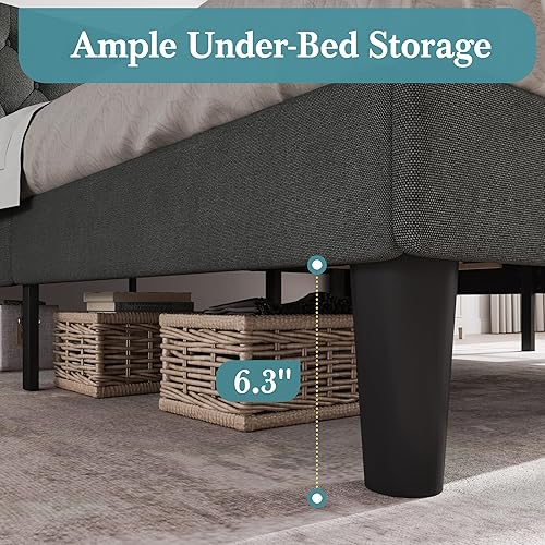 Miniatura 5 de HOOMIC Base de cama clásica de tamaño matrimonial con cabecera copetuda con botones en la parte trasera, plataforma tapizada con fuerte soporte de