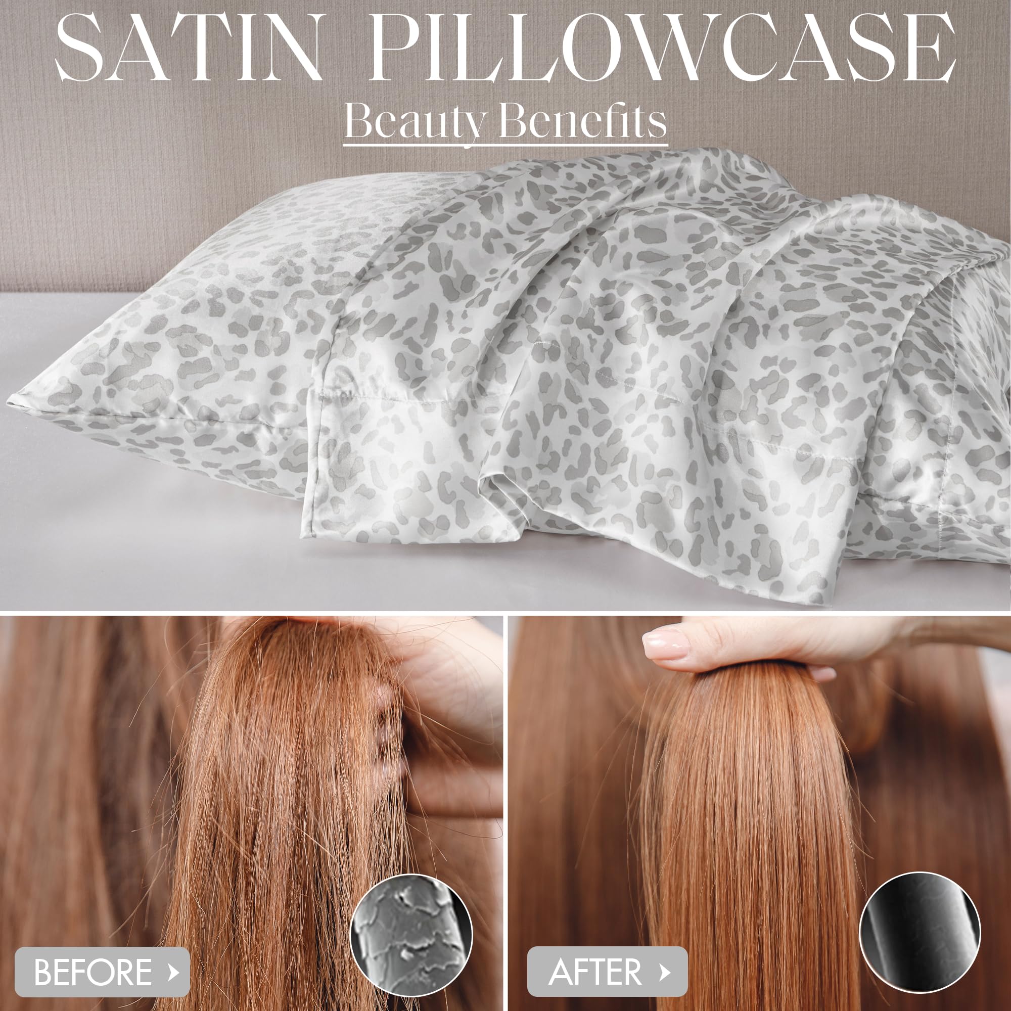 Madison Park Essentials Set di 2 federe in raso per capelli e pelle, lussuosamente morbide, setose con lucentezza naturale, fresche al tatto, senza pieghe, lavabili in lavatrice, leopardo grigio