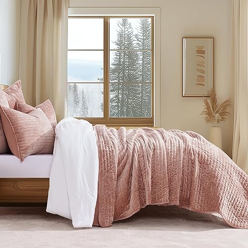 Miniatura 69 de EVERGRACE Velvet Quilt Set King Size, Luxurious Soft Striped Channel Bedding Set, Lightweight Velvet Comforter for All Season, Oversized Bedspread