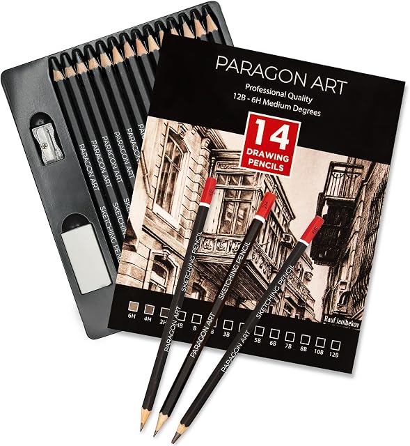 Paragon Art Professional Drawing Pencils For Artists, Drawing Set of 14PCs (12B-6H) Sketching Pencils for Illustration, Drawing & Shading, Ideal Sketch Pencils Set With Eraser Sharpener & Pencil Case