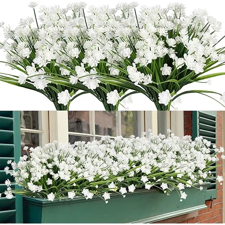 4 Bundles Artificial Flowers White UV Resistant Faux Plastic Plants for Holiday...