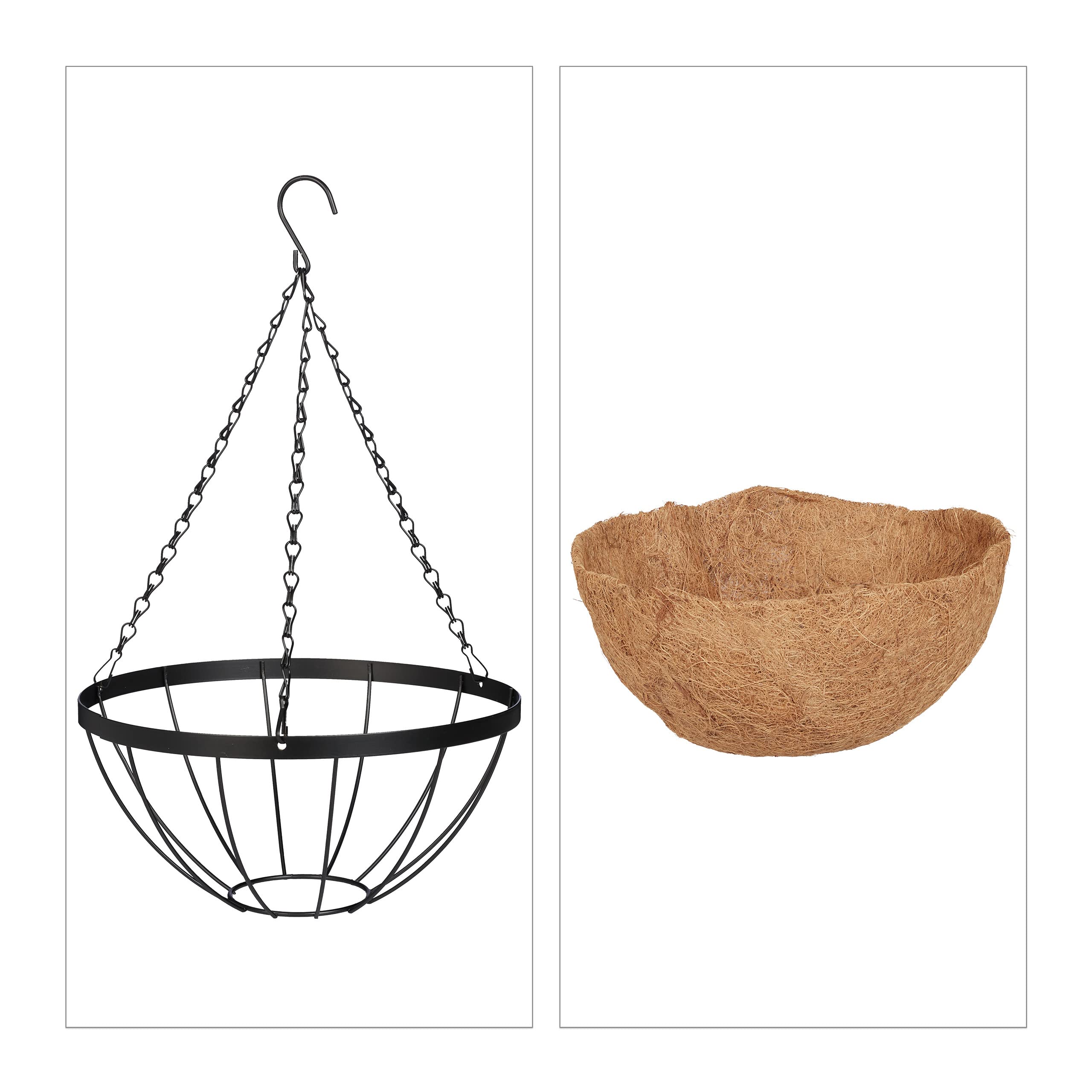 Relaxdays hangende plantenmand, 3 manden, kokos, Hx: 50x31 cm, hangplanten, binnen & buiten, metalen frame, bruin/zwart