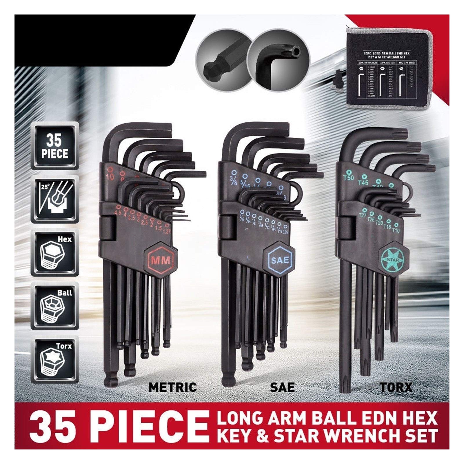Set di Chiavi Tipo L 35PCS Braccio a Braccio a Sfera a Sfera Set End End Tasto Esacto Allen Set Set Chiave Universale Set di Tasti Universale Metrica con Set di Strumenti di Riparazione Biciclette