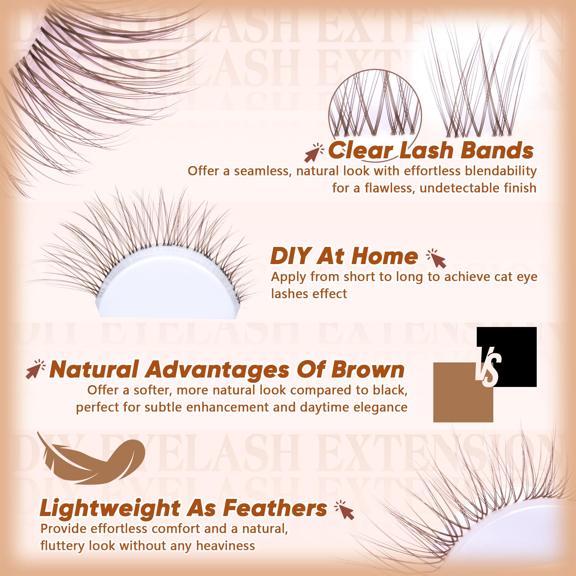 Brown Lash Clusters Natural Eyelash Clusters Wispy Individual Lash Extensions Brown Eyelash Extensions with Clear Bands Short DIY Eyelash Extensions at Home 100Pcs 8mm-16mm - Image 4