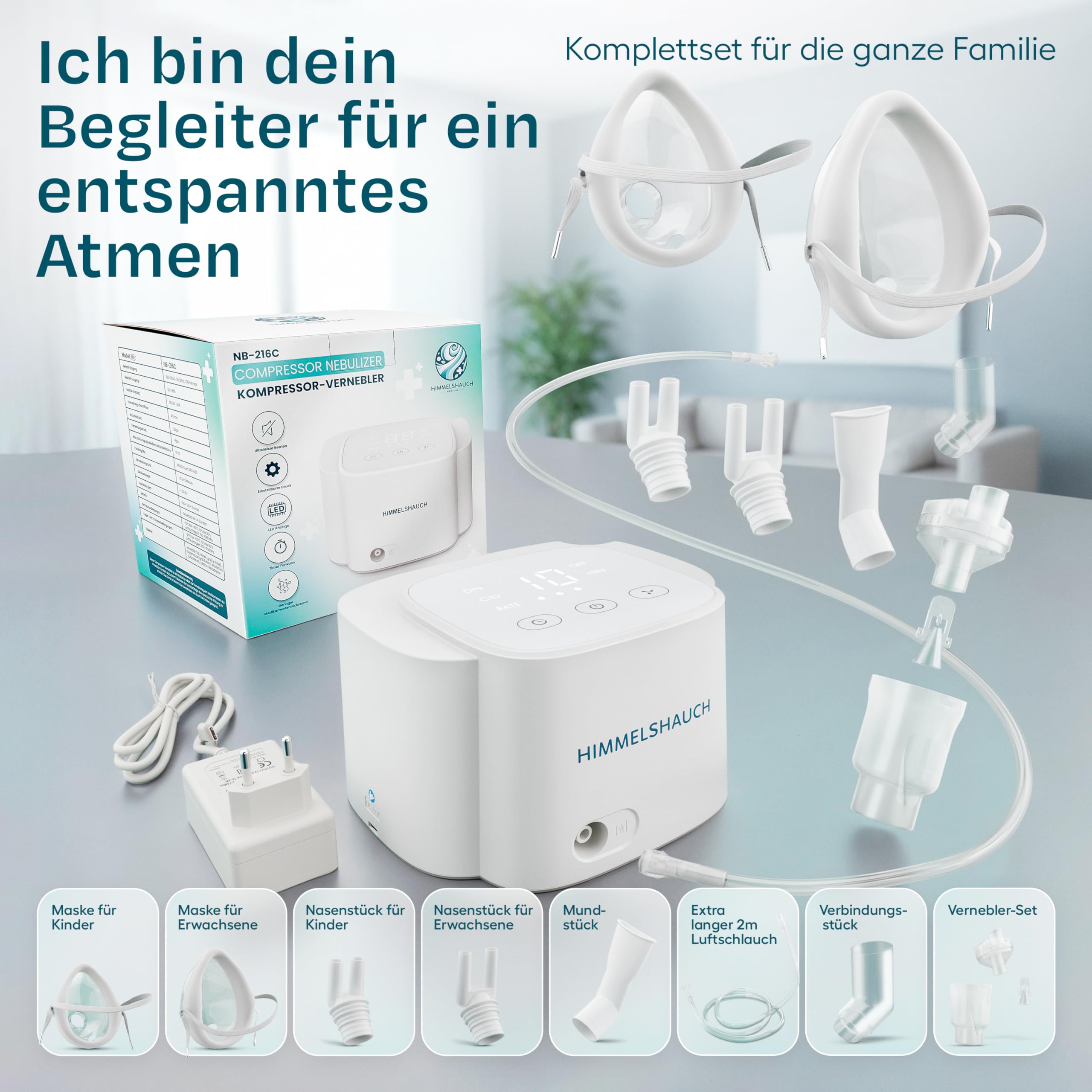 HIMMELSHAUCH MEDICAL Inhalationsgerät Kinder & Inhaliergerät für Erwachsene | Ultraleise Inhalation | Vernebler + Zubehör | Inhalator Baby | Elektrische Inhalatoren | Kochsalzlösung Inhalieren
