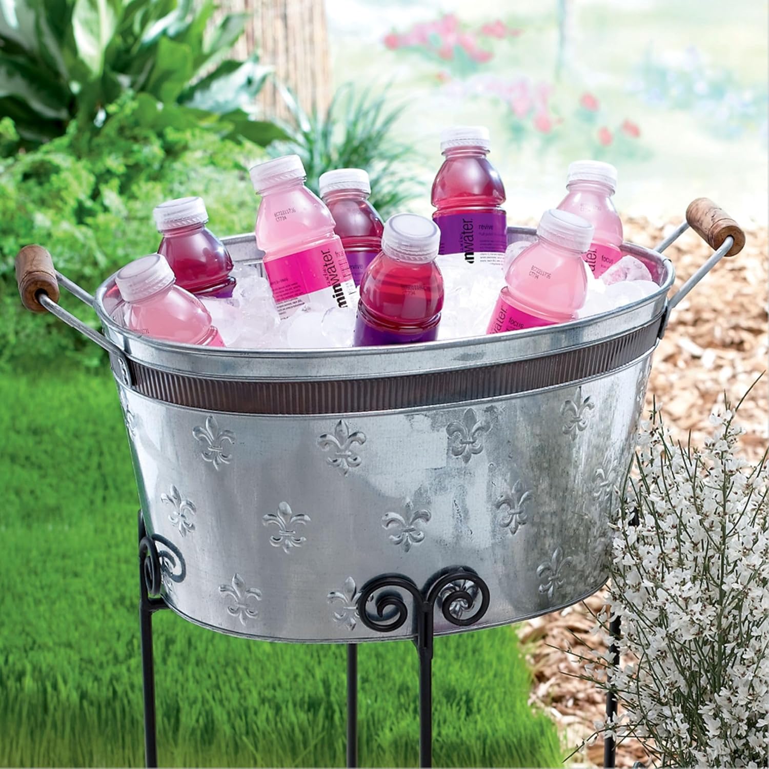 Fleur de lis Silver Galvanized Metal Bucket Beverage tubs Parties Large ice Buckets Wood Handles Celebration Cheers Fireplace Egifthome Item EH12490 22" L x 12" W x 10" H, Bucket 18" Long Handle 22"