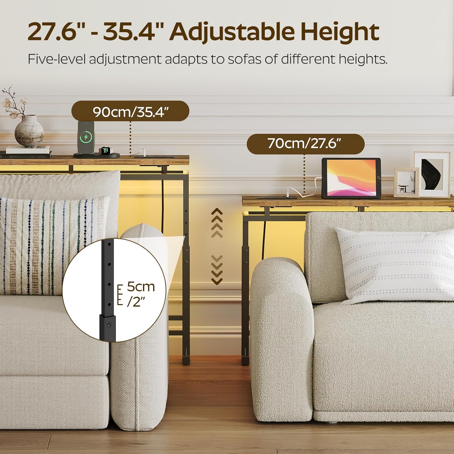 70.9" Behind Couch Table with LED Lights, Narrow Console Table with Adjustable Height (27.6"-35.4"), 5.9" Wide Sofa Tables Narrow Long with USB-C Ports, Sofa Side Table, Rustic Brown CT26UDBR