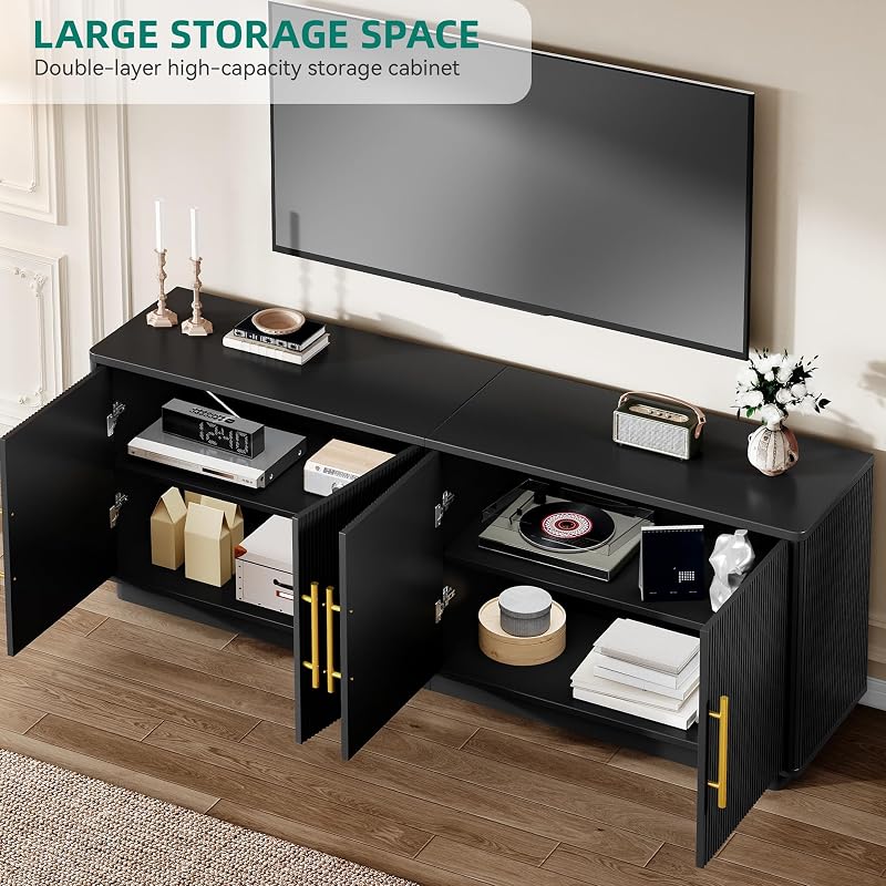 YITAHOME 70" TV Stand for up to 80" TVs with 4 Fluted Doors, Black Oak image 3