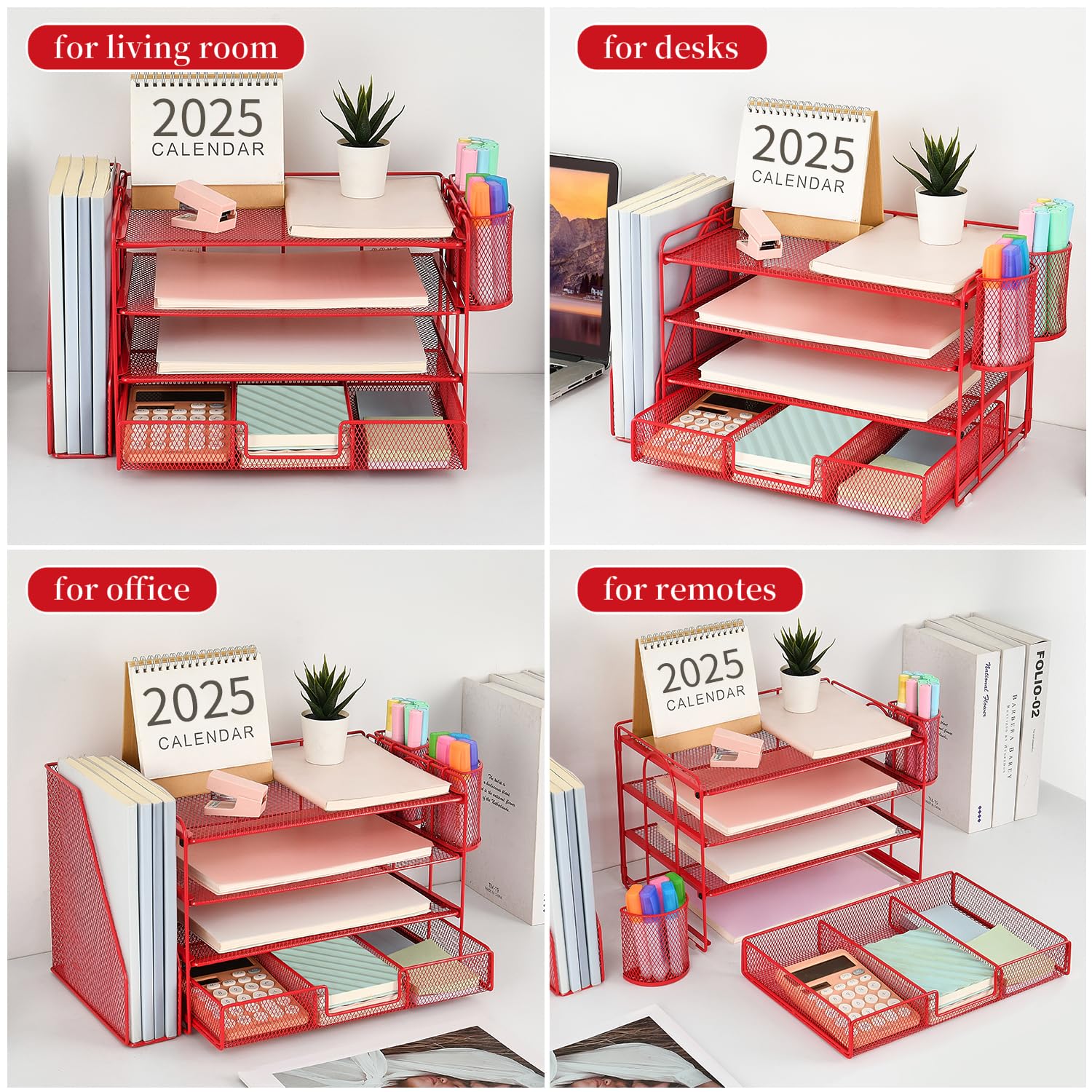 gianotter Desk Organizers and Accessories with File Holder, 4-Tier Desk Accessories & Workspace Organizers with Drawer and 2 Pen Holder, Paper Organizer for Office Supplies(): Red