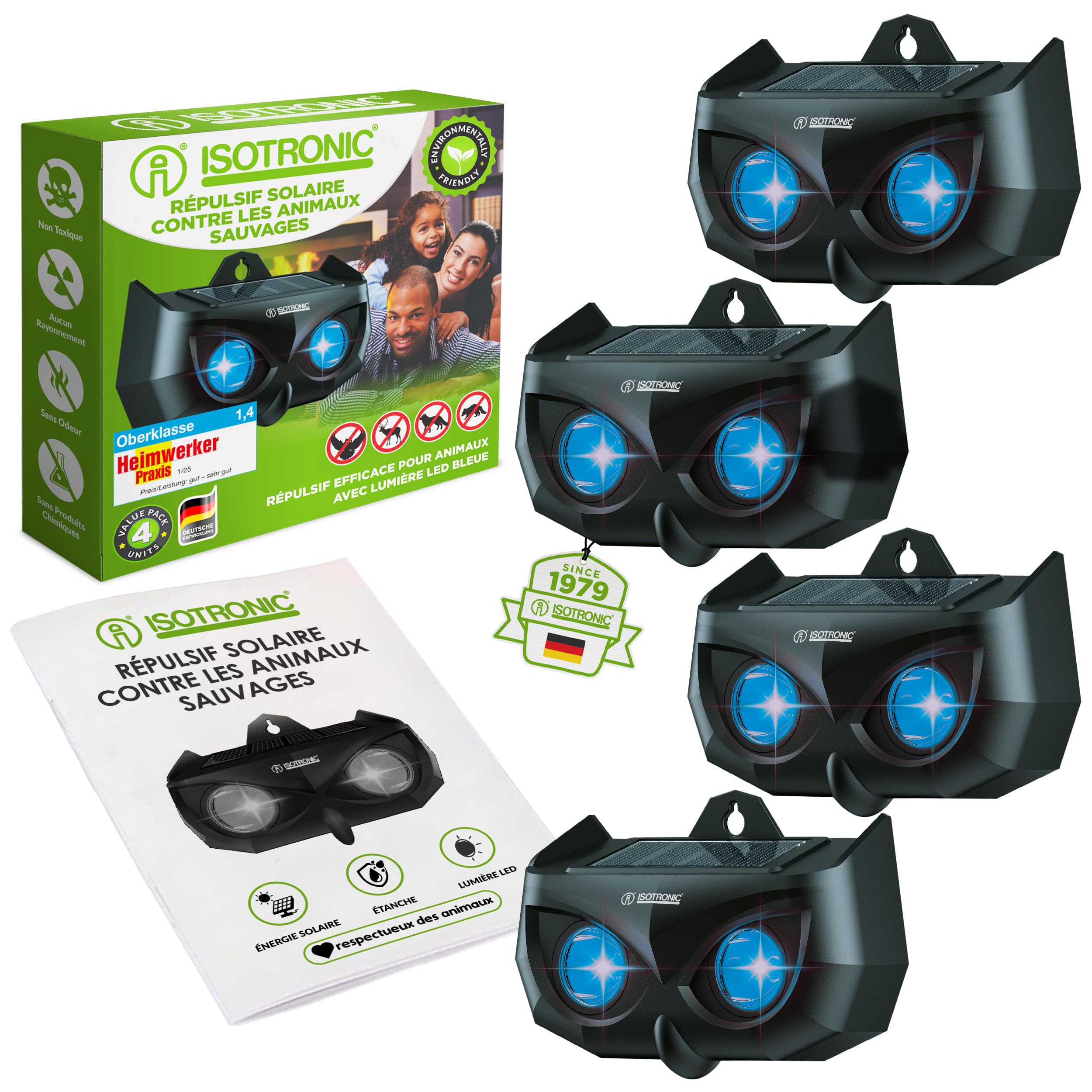 ISOTRONIC Répulsif Solaire ratons laveurs, Cerfs, Renards et sangliers – Protection Animaux Sauvages avec LED Bleue – Dissuasion Efficace portée 40 m² – Lot de 4 pièces pour Jardin et extérieur