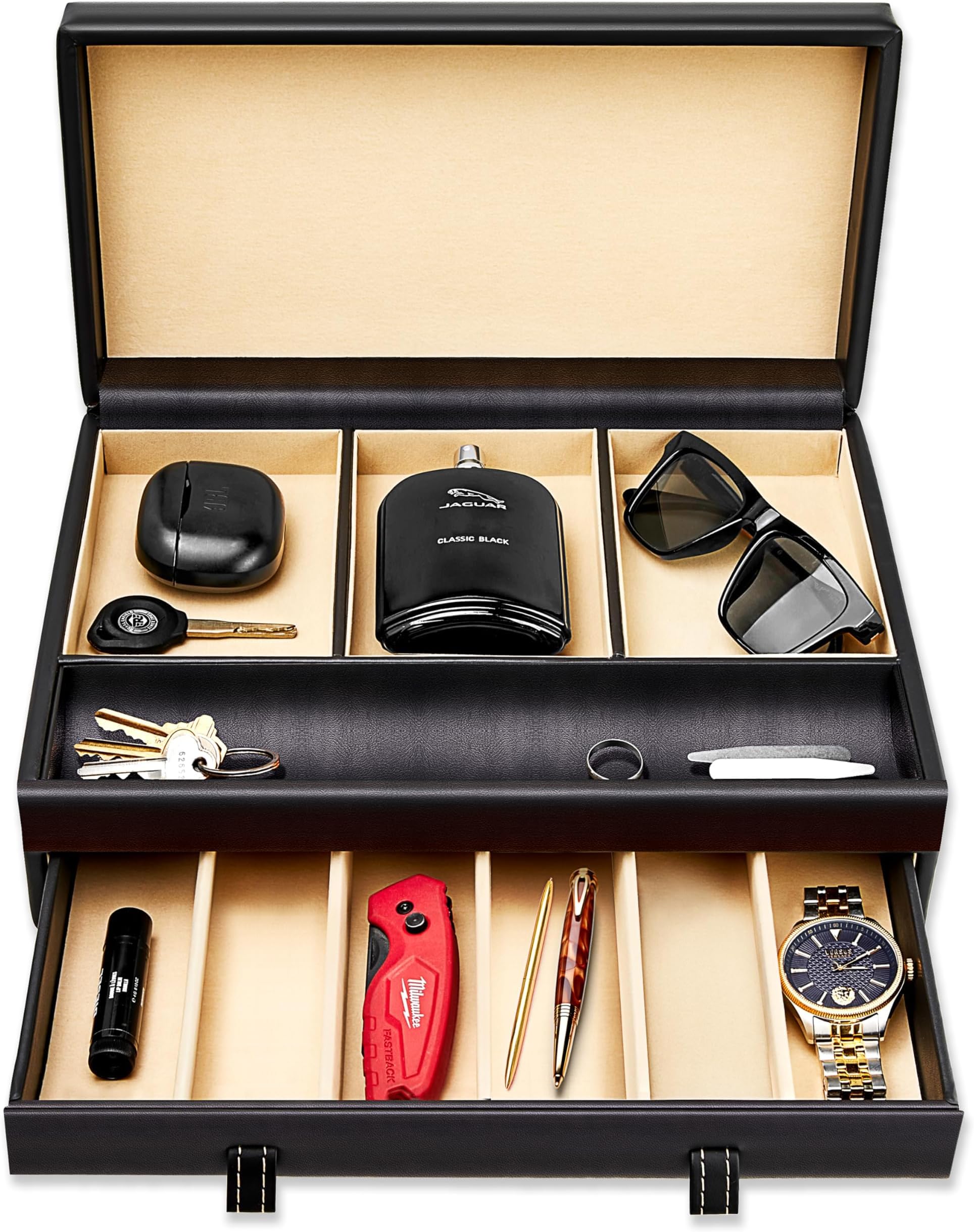 Stock Your Home Mens Valet Tray, Men's Jewelry Box, Night Stand Organizers and Storage, Bedside Table Organizer, Watch Box for Dresser, Faux Leather (Black & Beige)