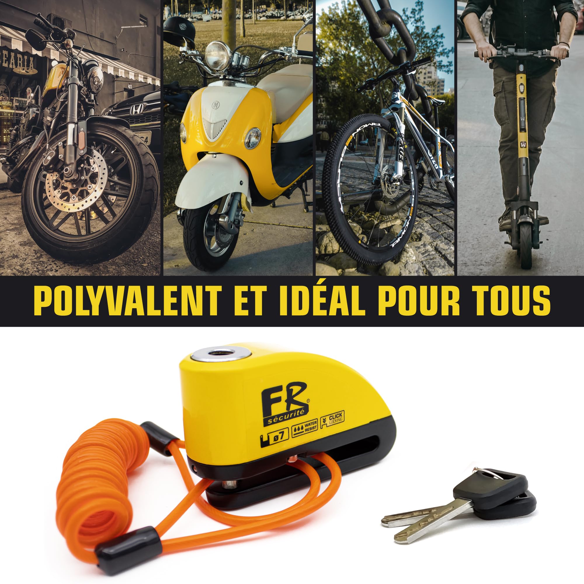 FR SECURITE FR7Y Antivol Moto, Bloc Disque Alarme 110db, Bloque Disque de Haute Sécurité avec 1.5m Câble Rappel, 6 Piles de Rechange et Sac pour Cadenas, Disc Lock pour Moto, Velo, Vespa