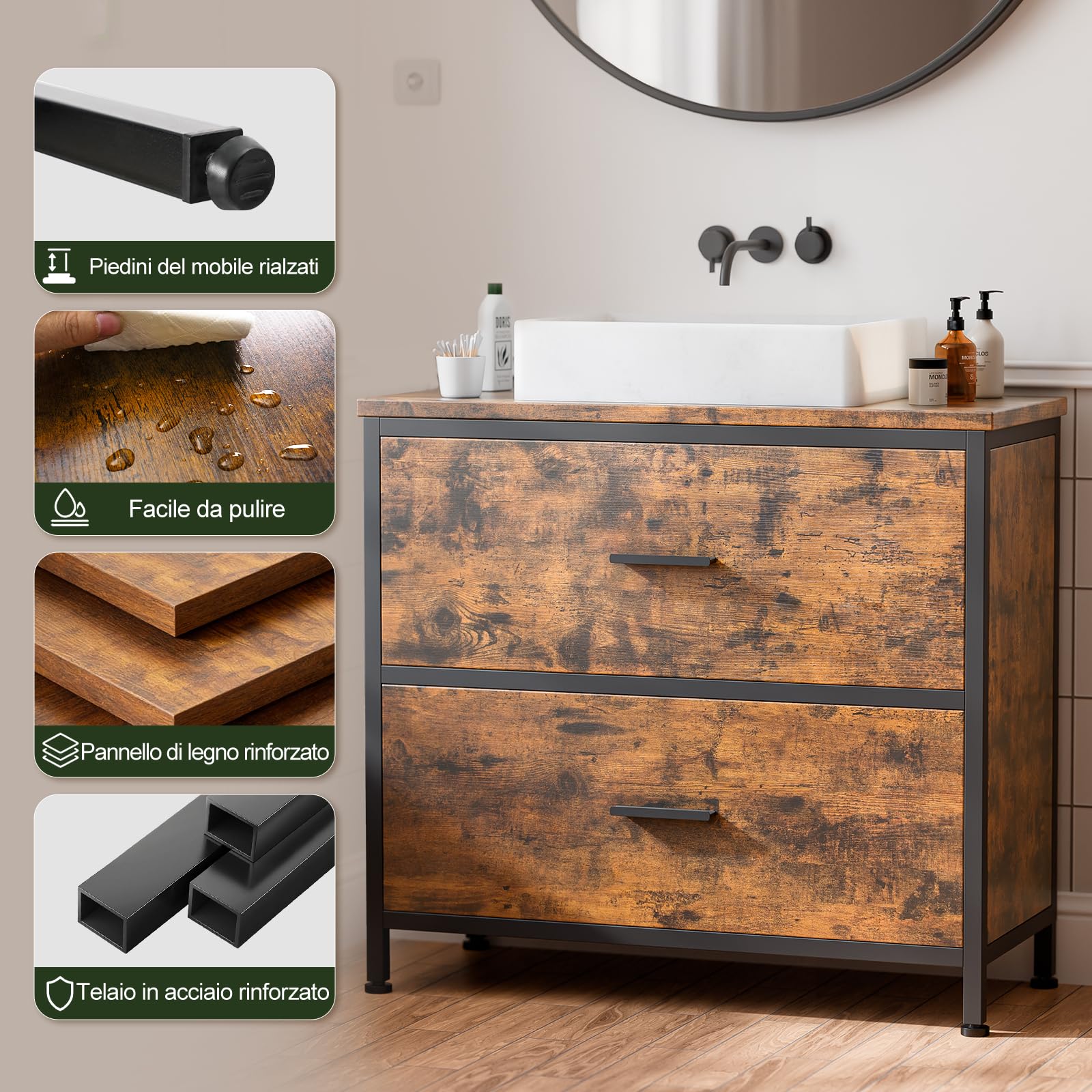 ELUCHANG Mobile Sottolavabo per Bagno, Mobiletto da Bagno, 2 Cassetti,60x30x60cm, Mobile in legno MDF E1 e metallo, Antiacqua e antimuffa, Ideale per bagno piccolo e WC ospiti, con Piedini
