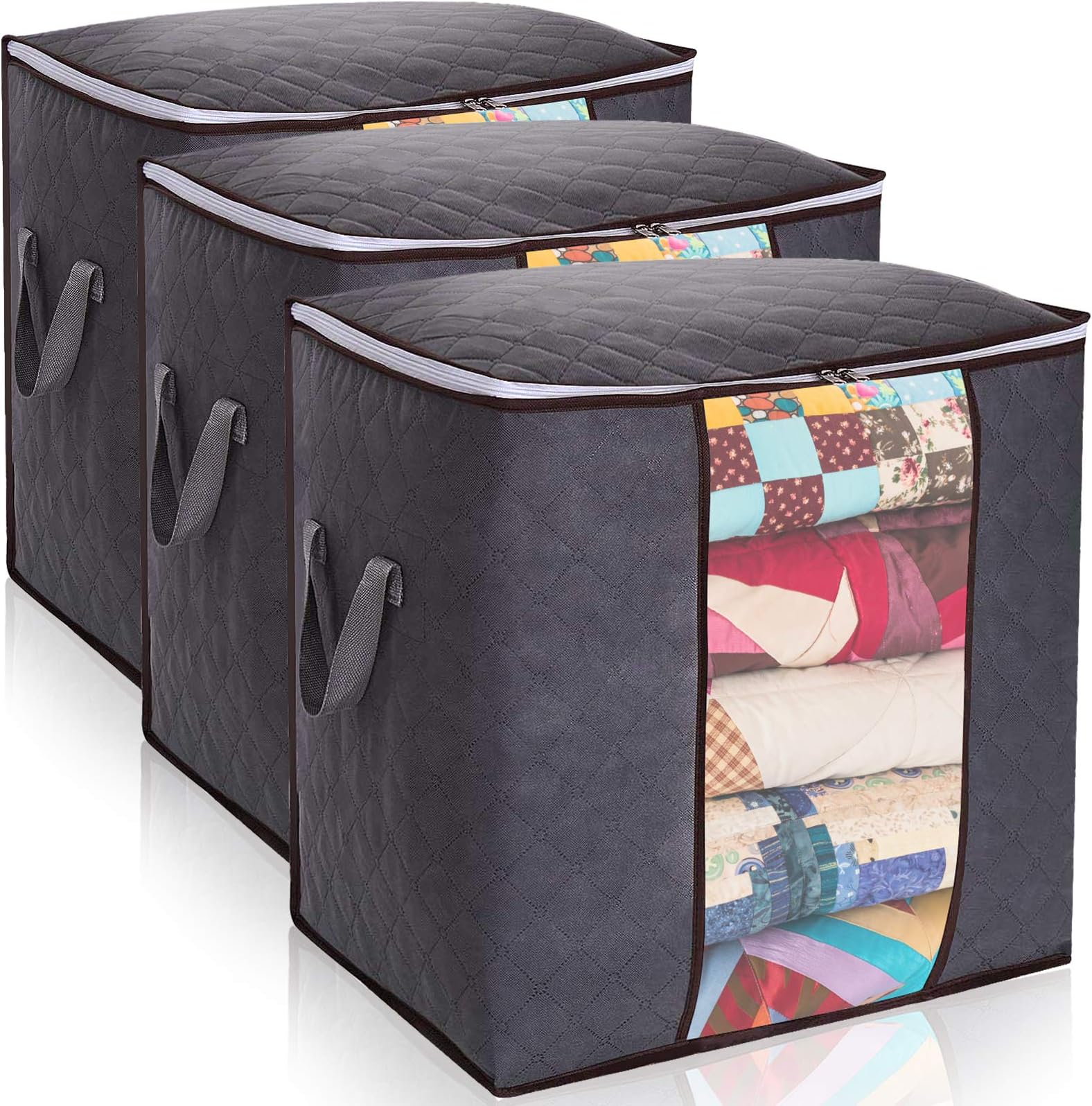 Lvelfe 90L Large Clothes Storage Bags with Zips Duvet Storage Bag King Size Thick Breathable Fabric Underbed Storage Bags with Big Clear Window Clothing Storage Bags for Quilt Bedding Blankets, 3 PCS