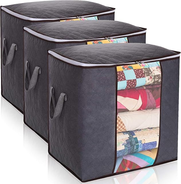 90L Large Clothes Storage Bags with Zips Duvet Storage Bag King Size Thick Breathable Fabric Underbed Storage Bags with Big Clear Window Clothing Storage Bags for Quilt Bedding Blankets, 3 PCS