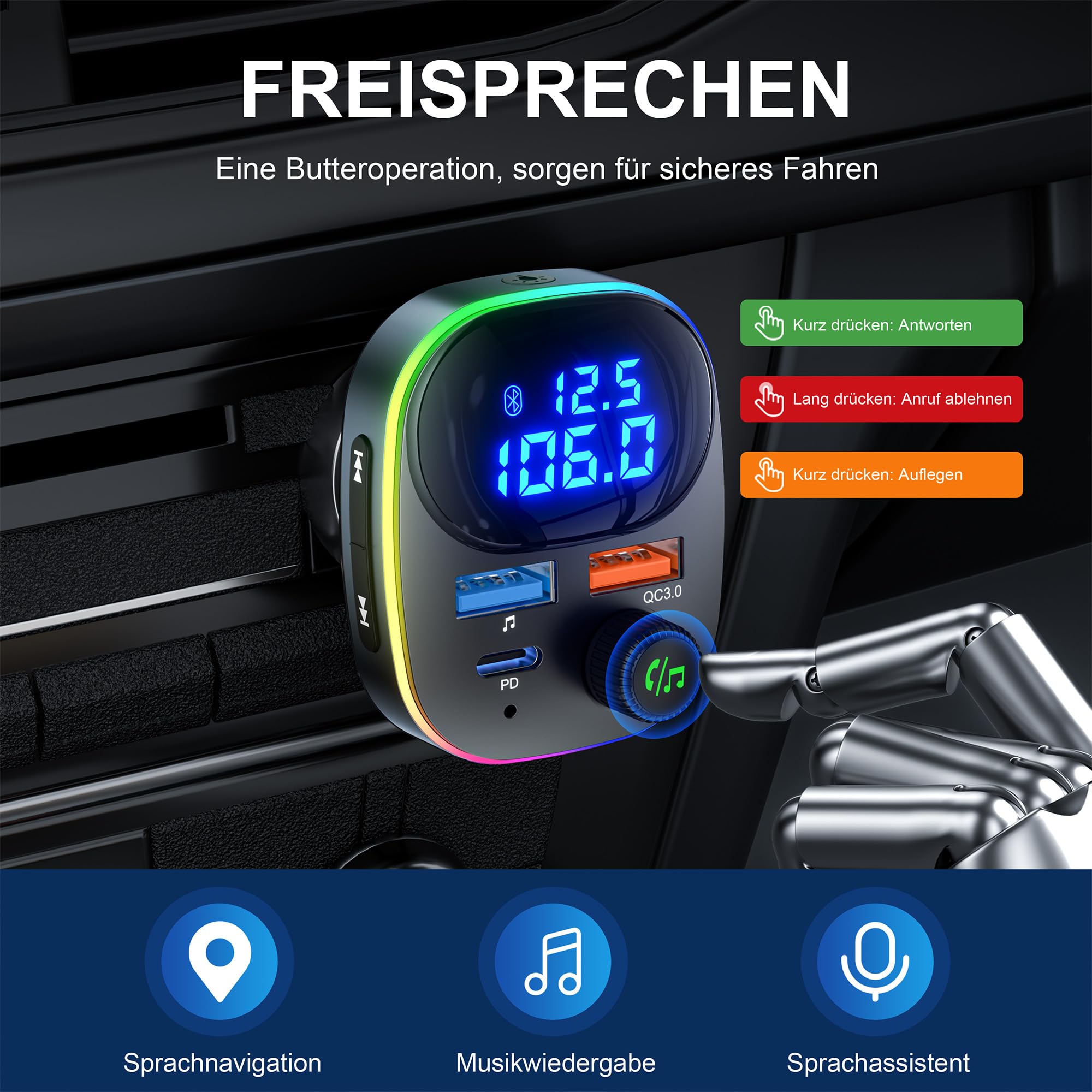 Bluetooth 5.3 FM Transmitter,38W KFZ Musik Adapter für Auto Radio,PD&QC3.0 Schnellladung mit Spannung Anzeige Freisprecheinrichtung,7-farbige LED-Hintergrundbeleuchtung USB-Stick
