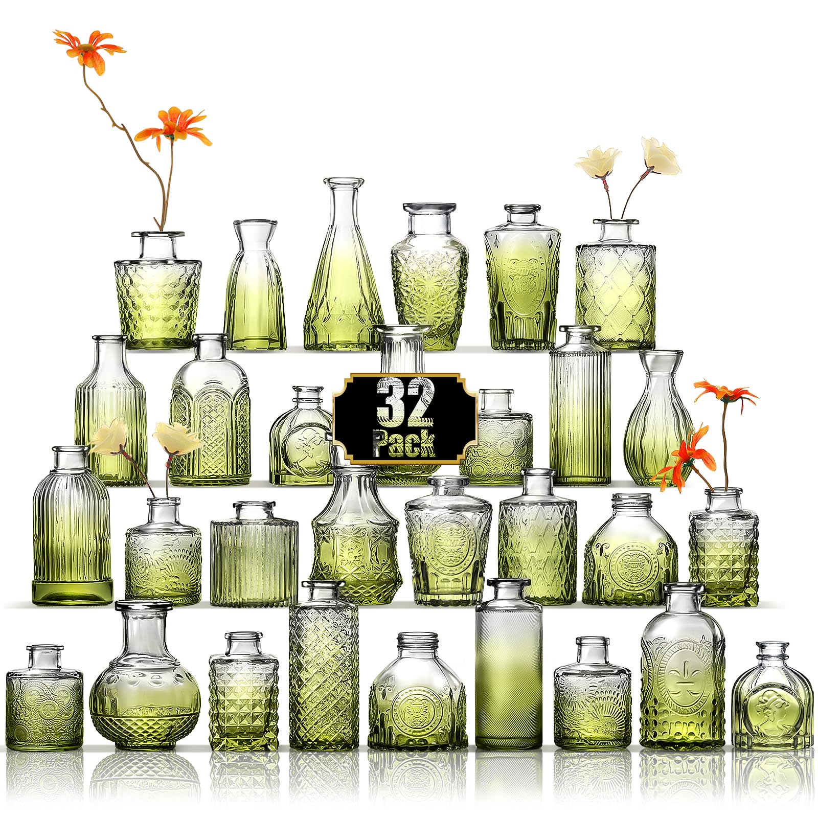 Arme Bud Vase Set of 32, Green Vases Glass Bud Vases in Bulk, Small Vases for Centerpieces Mini Flower Vase Set Cute Vintage Glass Vase Set for Flower Wedding Home Centerpiece Table Decorations