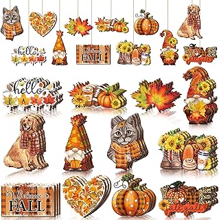 Sintuff 36 Pieces Thanksgiving Tree Ornaments Thanksgiving Wooden Hangings Decorations for Small Tree Harvest Vintage Pumpkin Gnome Maple Leaf Party Wood Hanging Sign Fall Autumn Home Party Supplies