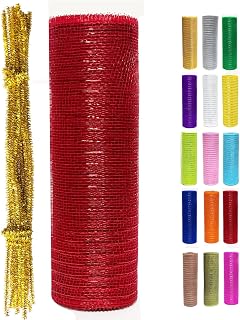Red Metallic Deco Mesh Ribbon Roll 10 inch x 30 feet (10 Yards) for Christmas Tree, Wreaths, Swags, Garland, Holiday Decorations Glitter Foil Gift Wrapping Craft