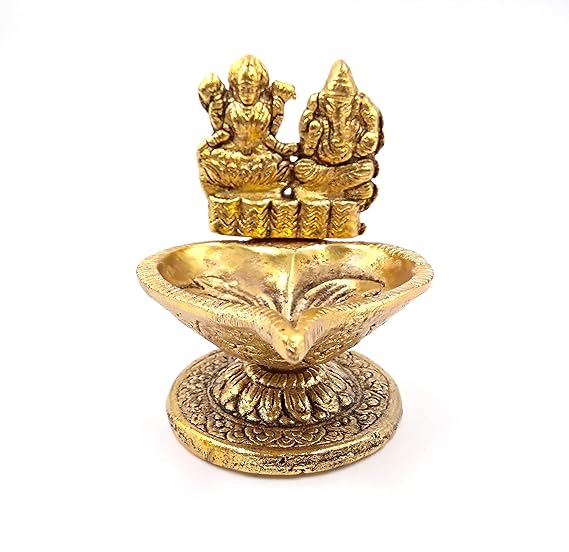 AMIDE BY AD .COM; THINK BIG Laxmi Ganesh Pooja Golden Diya in Metal for Diwali | LxWxH 3.4 x 2.5 x 3 Inches | Colour: Gold (2)