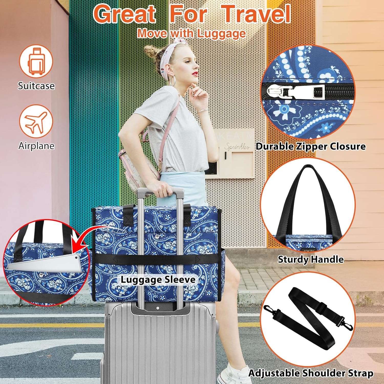 ITIEZY Large Utility Tote Bag for Women with 18 Pockets, Waterproof Teacher Nurse Bags with Zipper for Everyday Travel Work | with Trolley Sleeve, Laptop Compartment, Reinforced Bottom, Clinical Nursing Bag, College Shoulder Bag