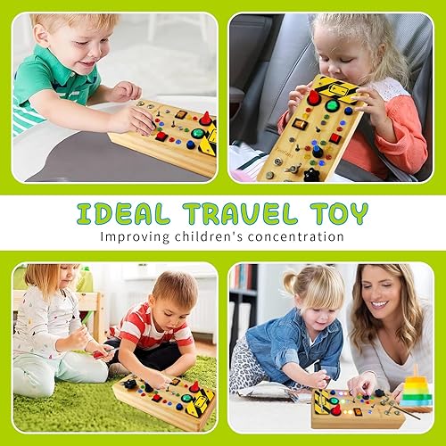 Miniatura 6 de TenFans Tabla Montessori con 8 modos de luz LED, juguetes sensoriales para niños de 3 a 5 años y viajes en avión, tablero de actividades de madera
