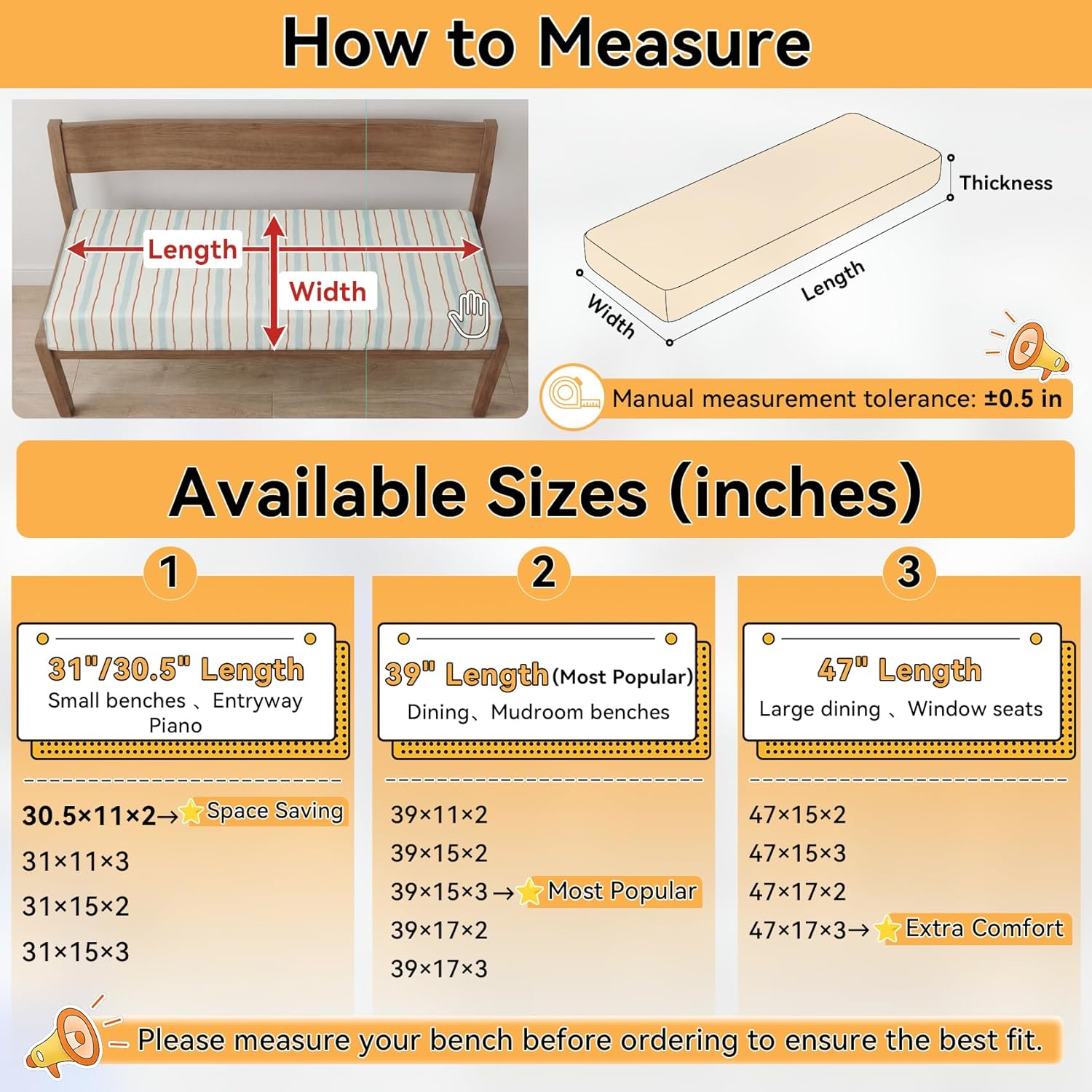 Custom Size Bench Cushion, Non-Slip High Density Foam Bench Seat Cushion for Indoor Furniture, Window Seat, Piano & Entryway Bench, Heavy-Duty Tie Straps, Printed Linen/Chenille/Brushed Fabric