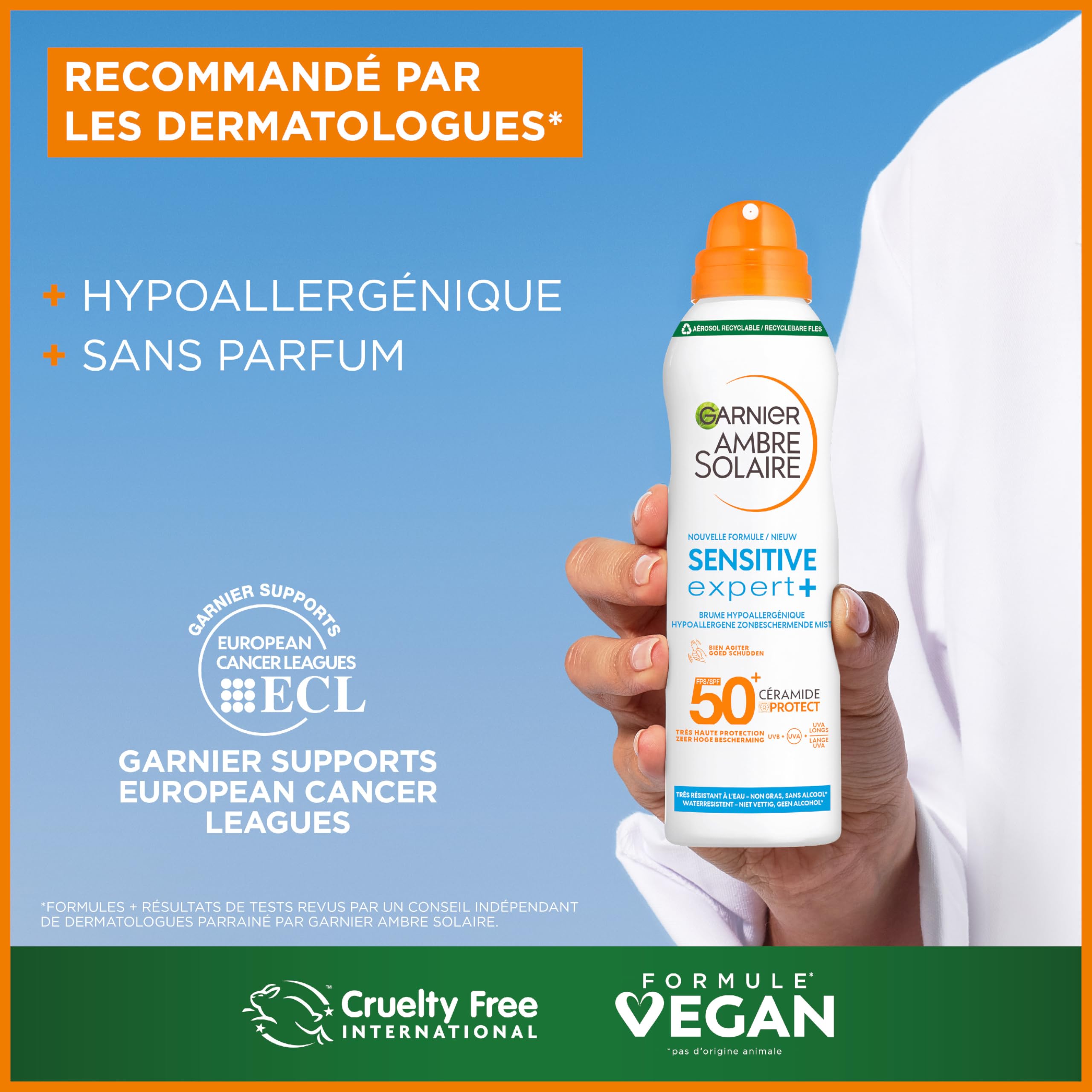 GARNIER Ambre Solaire Sensitive Expert+ - sucha mgiełka - ochrona przed słońcem SPF 50+ - chroni przed długim promieniowaniem UVA, UVB i UVA, wodoodporna, ceramidy, skóra wrażliwa i nietolerująca