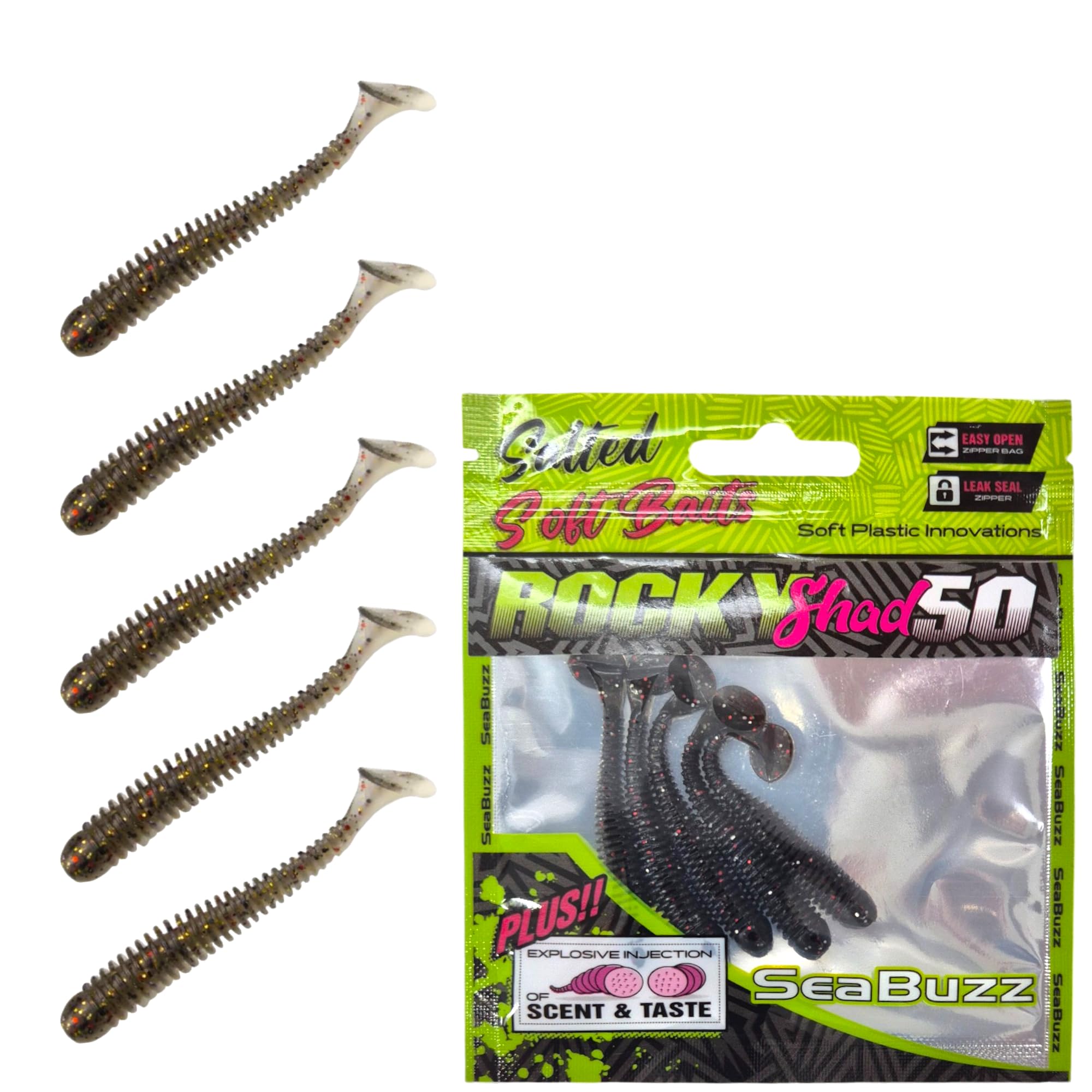 Rocky Shad - Set di esche da pesca in gomma, 5 pezzi x 50 mm, per luccioperca e pesce persico