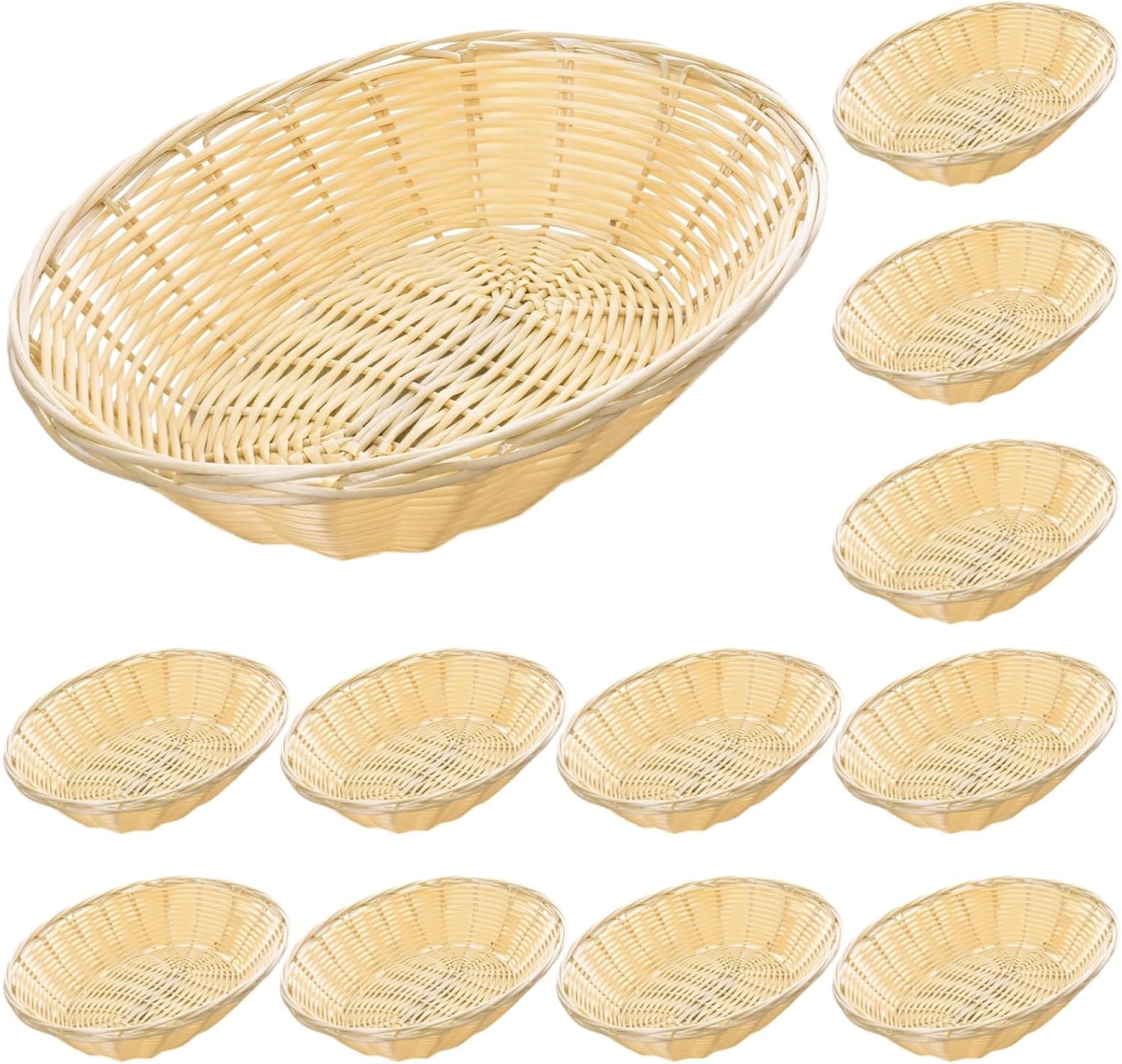 Set of 12 Oval Plastic Wicker Baskets for Snack, and Bread Display in Bakeries
