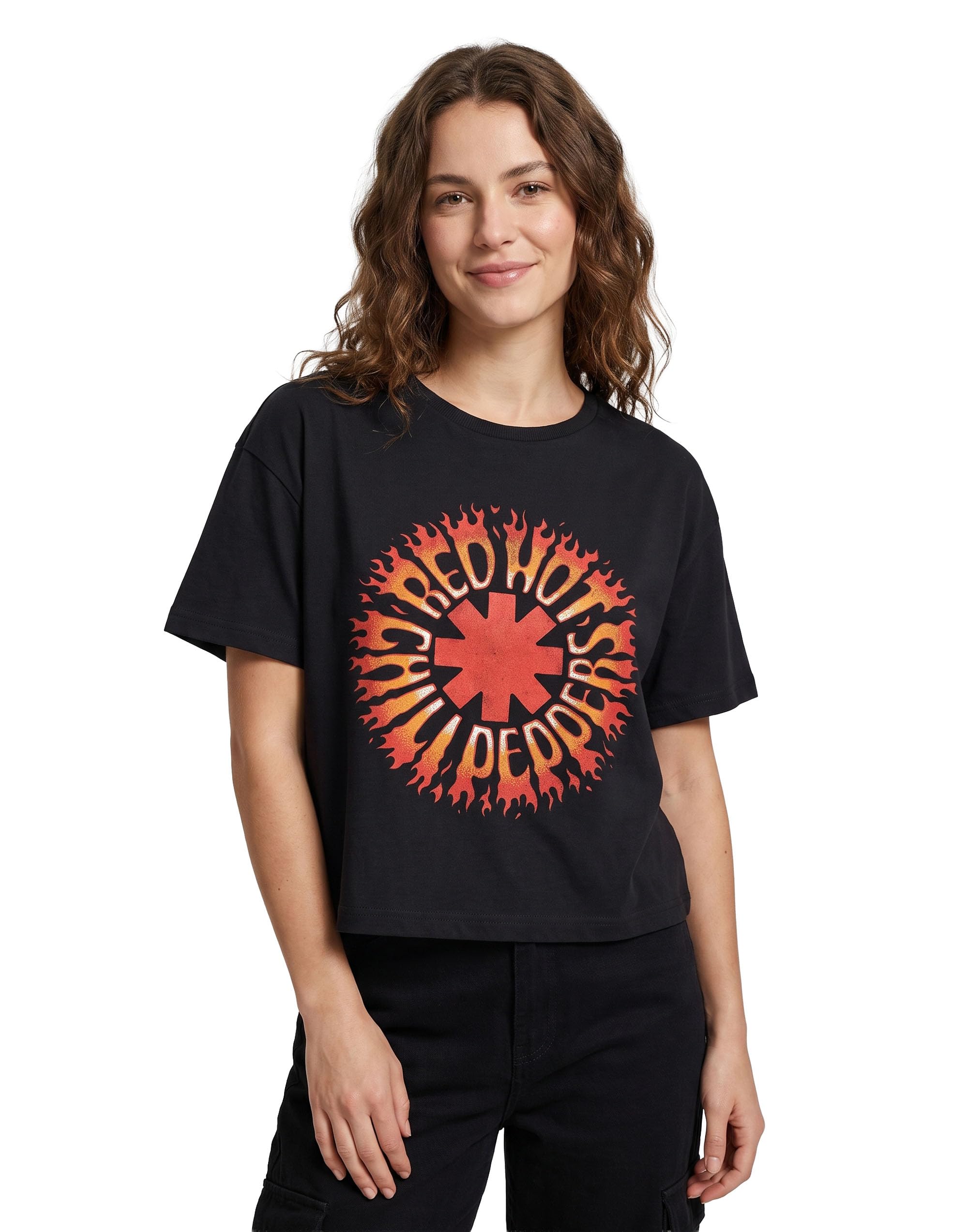 Vanilla Underground Women's Black Red Hot Chili Peppers Flame Cropped Graphic Tee For | Short Sleeve T-Shirt | Rock Band Flame Logo Apparel Gift Idea | Alternative Music Merchandise For