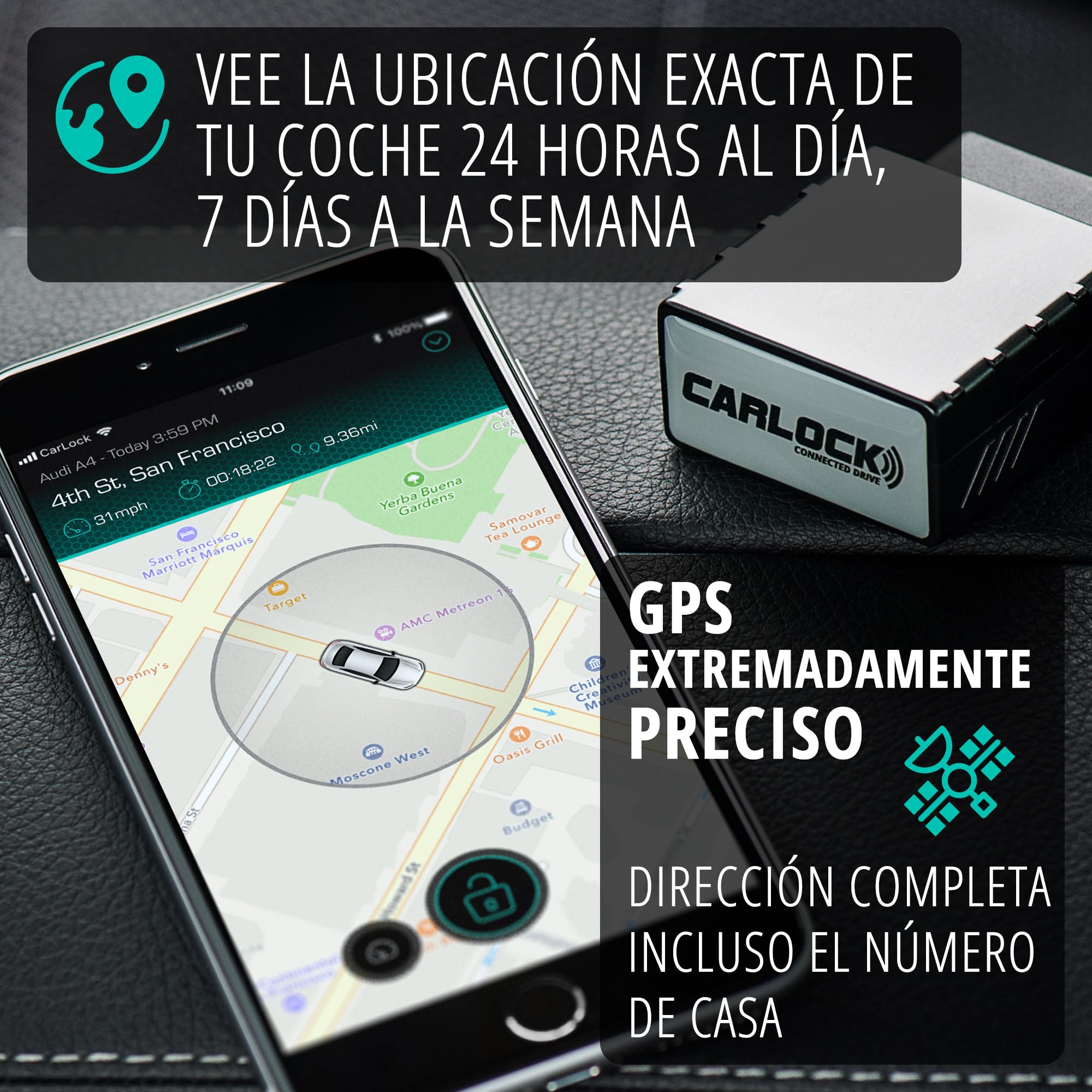 CARLOCK 4G Localizador GPS para Coche & Alarma Coche. con Dispositivo y aplicación móvil. Rastrea tu Coche en Tiempo Real y te notifica si Hay un Comportamiento sospechoso. OBD Plug&Play