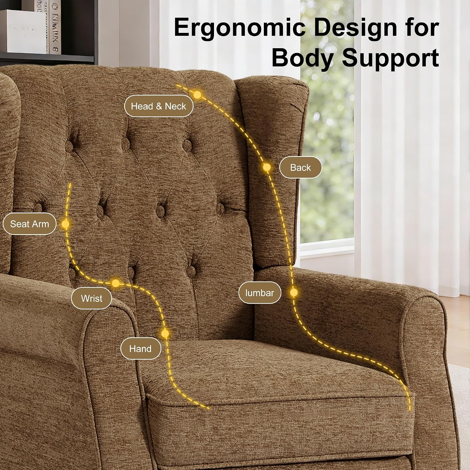 Accent Chair, High Back Upholstered Chair with Button Tufted, Mid-Century Modern Comfy Wingback Chair Reading Armchair in Fabric for Living Room for Bedroom, Office-Brown