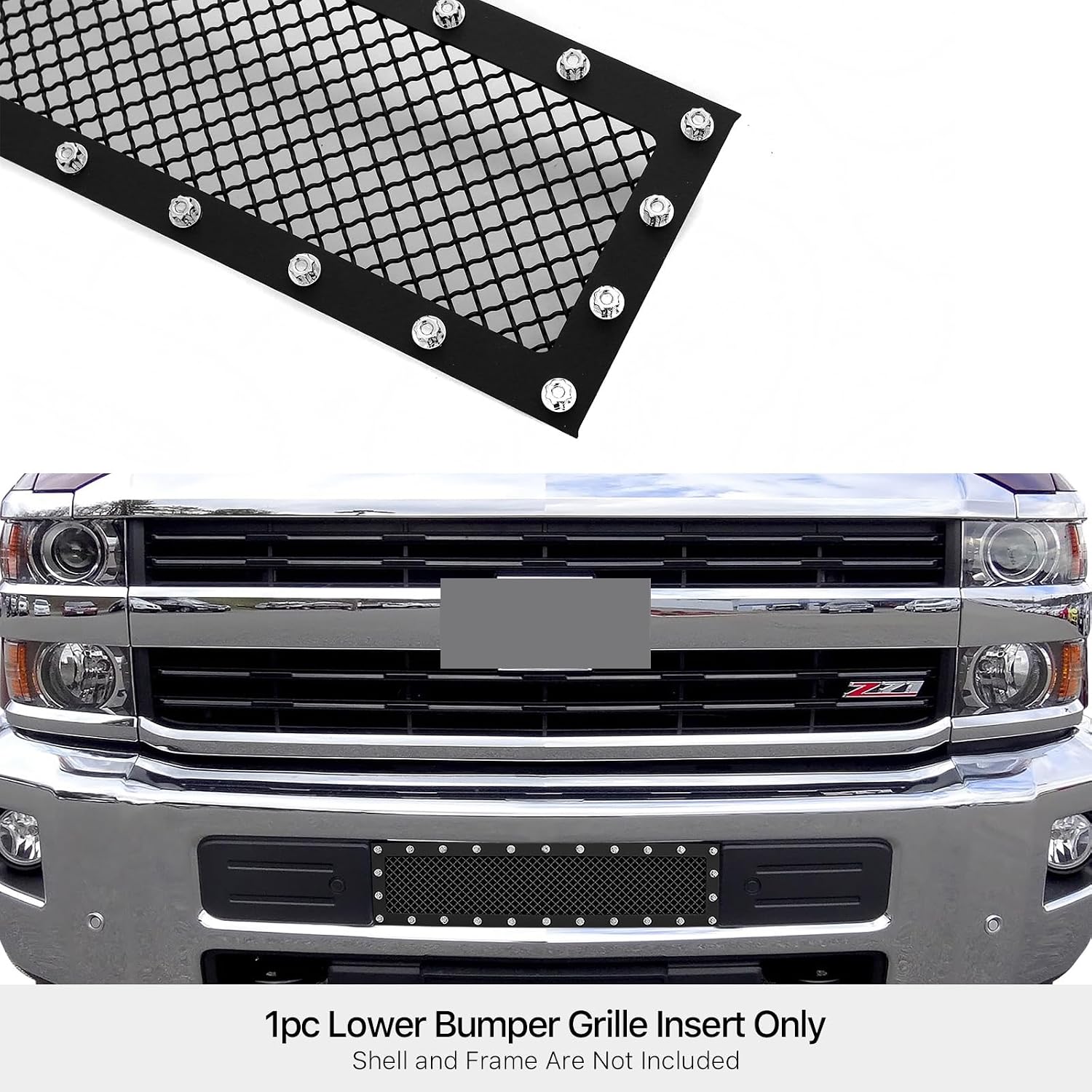 APS Compatible with Chevy Silverado 2500 HD 3500 HD 2015-2019 Lower Bumper Stainless Steel Black Mesh Rivet Studs Front Grill Grille Insert CL6319H