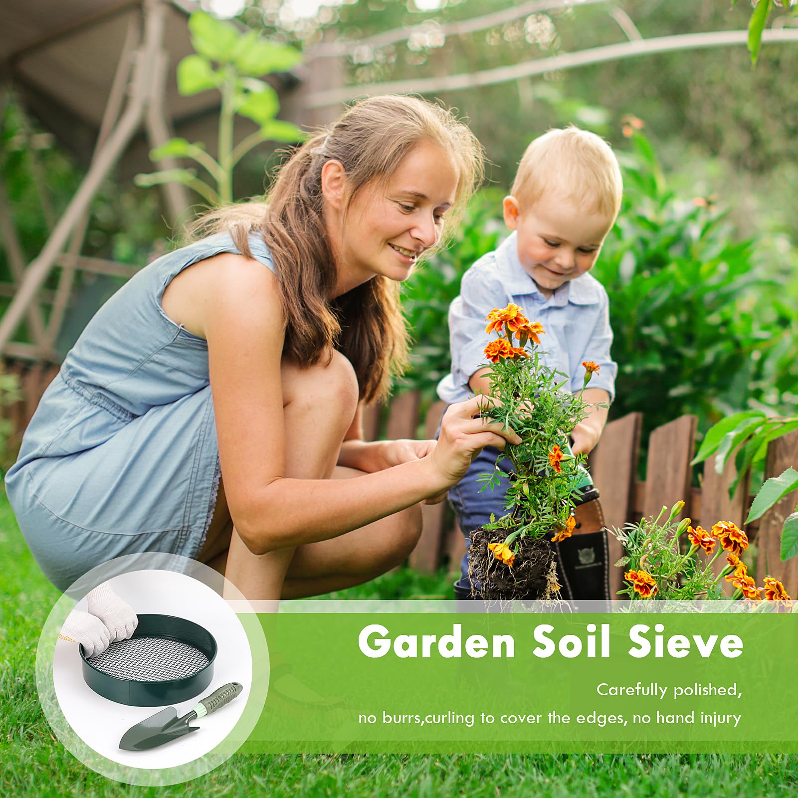 Setaccio Terreno per Giardinaggio, Setaccio Terreno in Acciaio Inox da 12 Pollici con 5 Schermi Fine Sostituibili, Guanti e Pala, Setaccio Sabbia, 3mm, 5mm, 8mm, 10mm, 12mm (Verde)