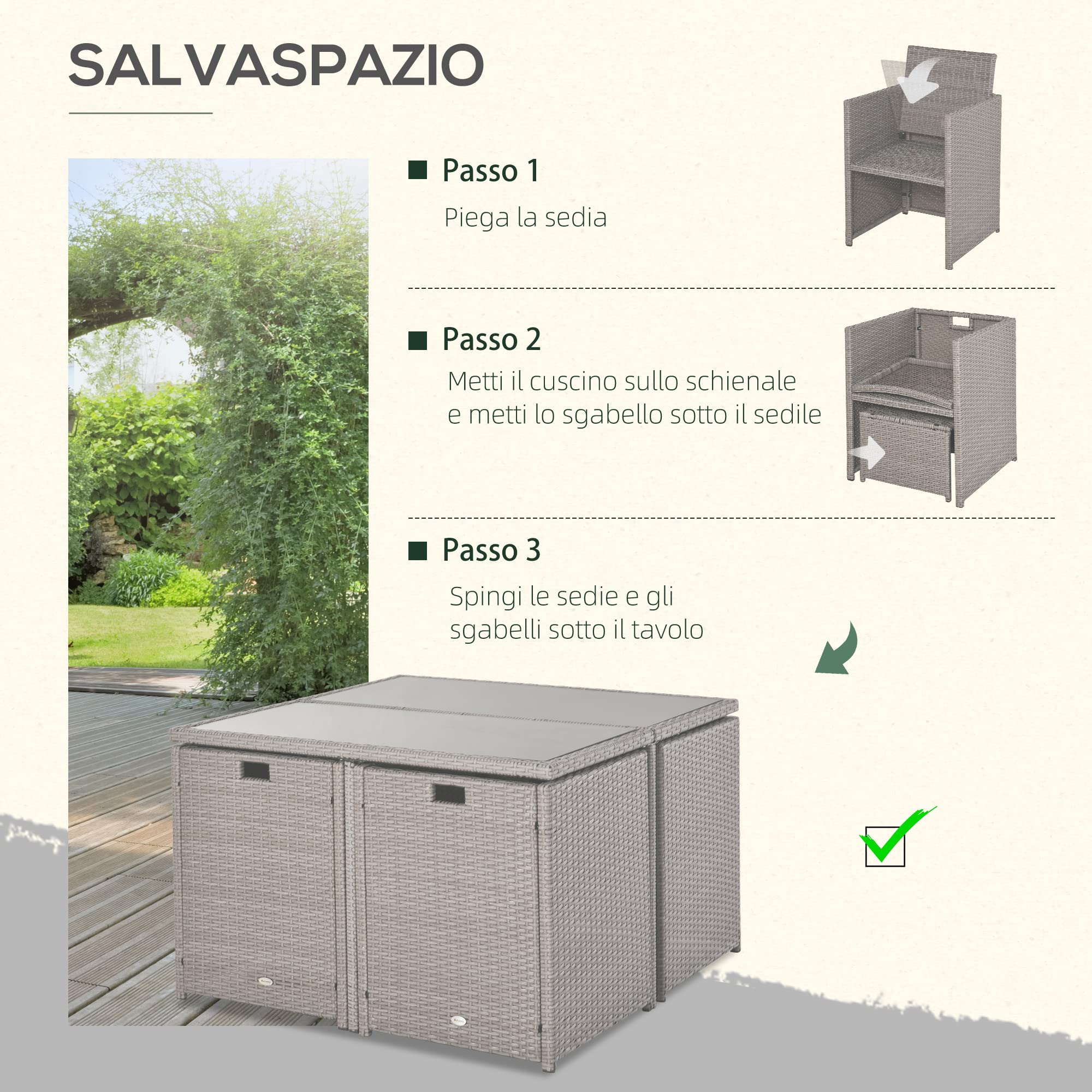 Outsunny Set Mobili da Giardino Esterno Tavolo con 4 Sedie 9pz Grigio | 4 Poggiapiedi, Rattan
