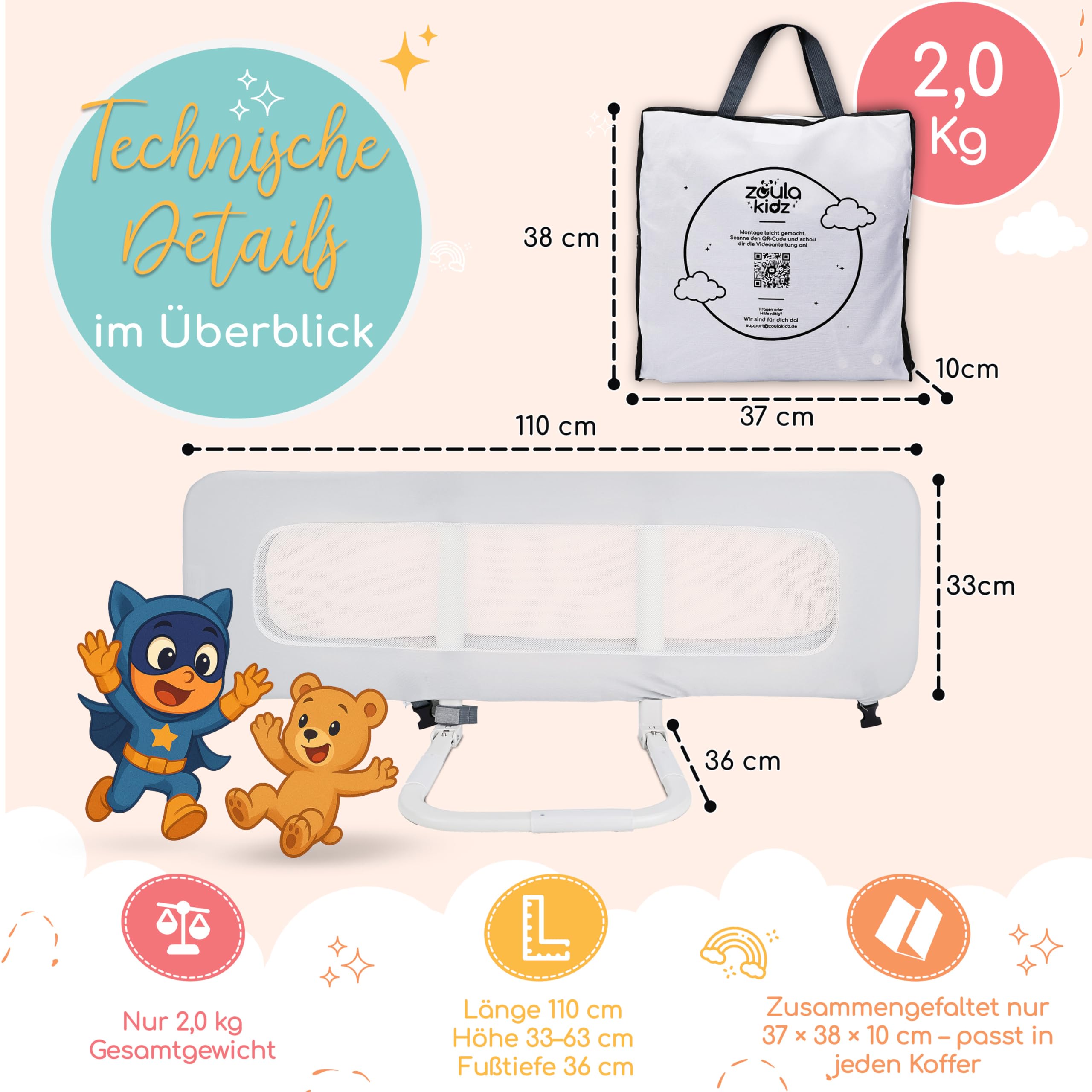 zoula kidz® faltbares Bettgitter als Rausfallschutz Bett Reise - Klappbar & Höhenverstellbar - Bettschutzgitter für Boxspringbett, Elternbett, Kinderbett - Mit Tasche & Gurt - ultrakompaktes Packmaß