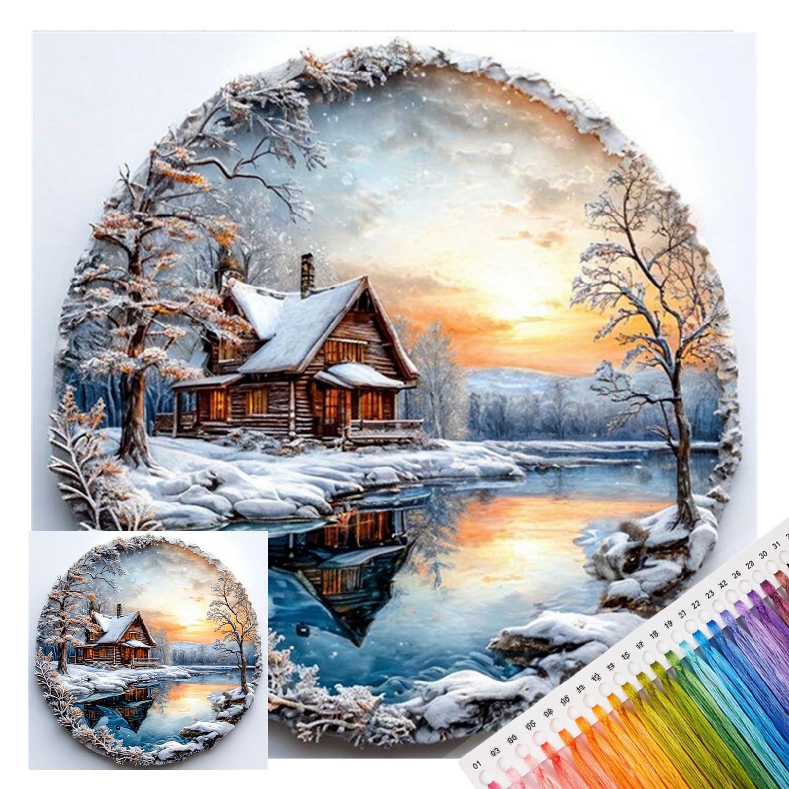 POETRYDRAW Snowy Forest Cabin Cross Stitch Kit 14CT 2 Strands DIY Embroidery Starter Kit 11.81x11.81inch for Beginners & Adults (Winter Cabin)